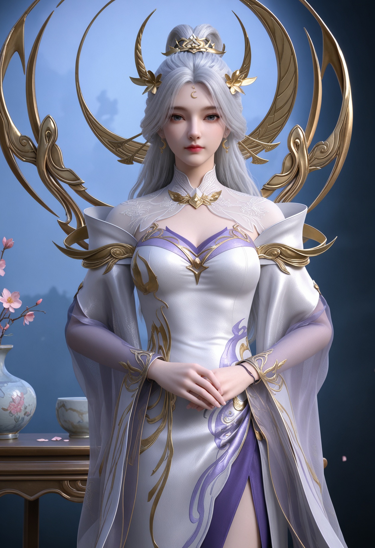 (cowboy shot:1.2),(looking at viewer:1.1),masterpiece,(best quality),smog,Dark room,dim lighting,peach blossom,falling petals,<lora:YQ_Illustrious光辉v5_月神_仙武传_V1:0.8>,q1528437228,1girl,solo,long hair,hair ornament,jewelry,white hair,forehead mark,earrings,dress,white dress,blue eyes,grey hair,crescent earrings,long sleeves,grey eyes,high heels,white footwear,hair bun,flower,wide sleeves,pantyhose,shoes,bracelet,side slit,