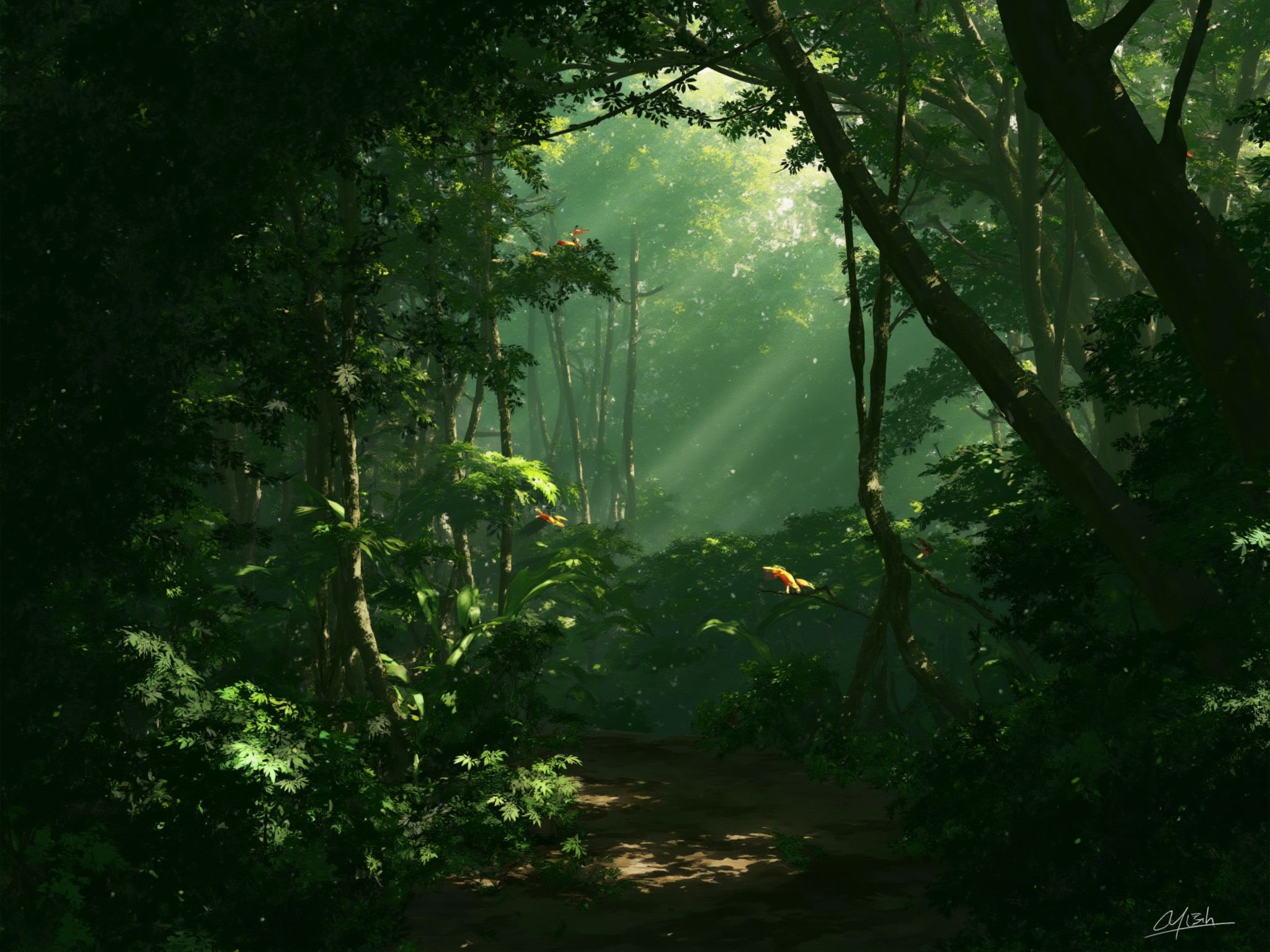 A digital painting of a lush, tropical rainforest, where the foliage is so dense that it blocks out most of the sunlight. Vines and creepers drape from the trees, and the air is thick with humidity. The sounds of exotic birds and the distant rush of a river add to the sense of life teeming in every corner of the forest. <lora:S_BLACKGROUD_:1>