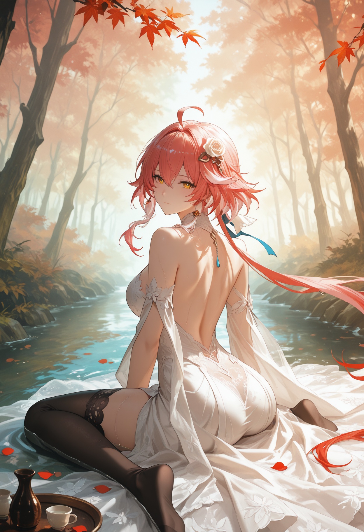 solo,((masterpiece,best quality,official art,extremely detailed CG unity 8k wallpaper))),incredibly absurdres,((beautiful detailed eyes)),((an extremely delicate and beautiful)),dynamic angle,floating,(beautiful detailed eyes),(detailed light) (1girl),floating hair,glowing blue eyes,wet see- through white wedding dress,feather,leaves,nature,(sunlight),river,river is covered by leaves,(forest),(painting),(sketch),(bloom),white wet silk stocking,((wariza ))covered with rose petals,surrounded by white rose,wet white kneehighs,beverage,bare shoulder,wet,wariza,dhalter dress,sliver hair,back,backless,backless dress,look back,<lora:长离(奥系画风):1>,changli,1girl,long hair,bangs,hair ornament,ribbon,hair between eyes,bare shoulders,yellow eyes,ahoge,red hair,short hair,multicolored hair,highlighted hair,pink hair,dress,black thighhighs,white dress,flower,hair flower,chinese clothes,lace stockings,lace bra,lace panties,exposed,sexy,