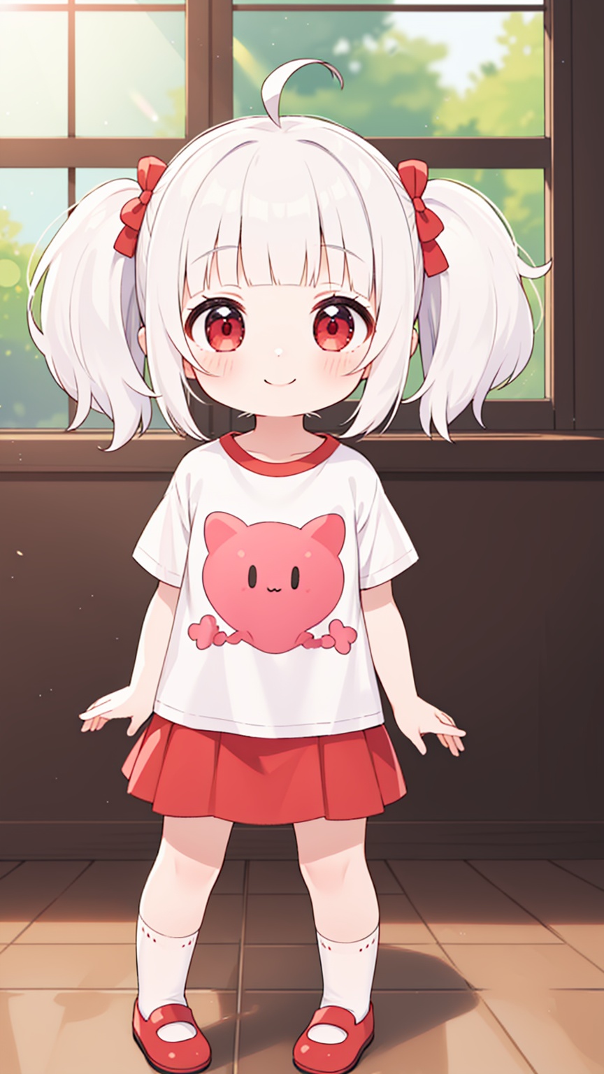 (masterpiece),(best quality),huge filesize,illustration,lens flare,indoor,1girl,little loli,(child),kawaii,short hair,white hair,ahoge,blunt bangs,short twintails,(high twintails),hair_ornaments,pale_skin,red eyes,smile,short_sleeves,casual T-shirts,microskirt,bobby_socks,mary_janes,