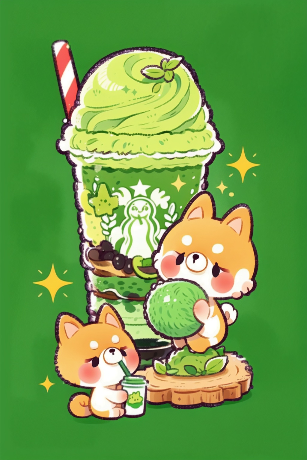 shouzhang_style,food,no humans,food focus,fruit,dog,strawberry,cup,holding,cake,animal,kiwi \(fruit\),green background,green theme,sparkle,tea,melon,drinking straw,bubble tea,leaf,drink,shiba inu,simple background,melon bread,<lora:shouzhang_v1.0:1.3>,, masterpiece,best quality,