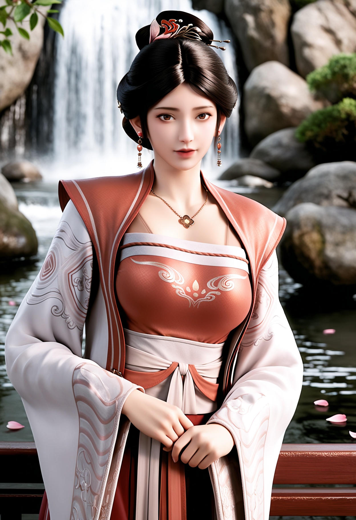 masterpiece,best quality,amazing quality,high resolution,ultra-detailed,absurdres,(looking at viewer:1.1),upper body,(moody lighting:1.1),waterfall,peach blossom,falling petals BREAK (large breasts:0.8),xushi,1girl,solo,black hair,jewelry,earrings,realistic,hair ornament,hair bun,necklace,brown eyes,chinese clothes,lips,long sleeves,dress,hanfu,shoes BREAK photorealistic details,<lora:QQSillxushiV1:0.8>,