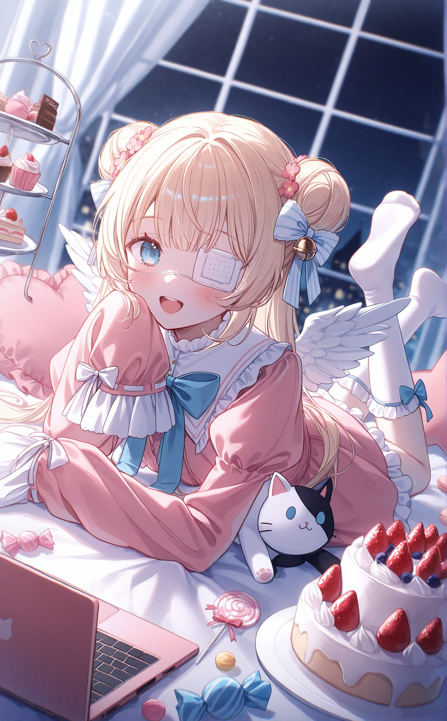 masterpiece,very aware,highres,absurdres,newest,best quality,loli,petite,high quality,chromatic_aberration,cinematic_angle,dutch angle,night,//,umehara,konya karasue,//,1girl,frilled pillow,macaron,rose,sleeves past wrists,bell,eyepatch,food,bow,cake,blue eyes,hair bow,frills,sleeves past fingers,blue bow,jingle bell,pillow,:d,red rose,hair bun,long sleeves,puffy sleeves,blonde hair,flower,socks,white wings,solo,no shoes,smile,laptop,on stomach,red flower,strawberry,double bun,hair bell,stuffed animal,computer,soles,swirl lollipop,lying,pink rose,heart-shaped pillow,medical eyepatch,stuffed toy,the pose,heart,wings,cake slice,feathered wings,dress,cat,candy,looking at viewer,open mouth,pink flower,stuffed cat,hair ornament,fruit,indoors,skirt,kneehighs,tiered tray,depth of field,shirt,pink dress,blurry background,candy wrapper,pink skirt,blurry,animal,window,lollipop,teeth,cupcake,mini wings,juliet sleeves,short over long sleeves,white socks,frilled skirt,hand up,white bow,frilled dress,upper teeth only,ribbon trim,blush,striped bo,