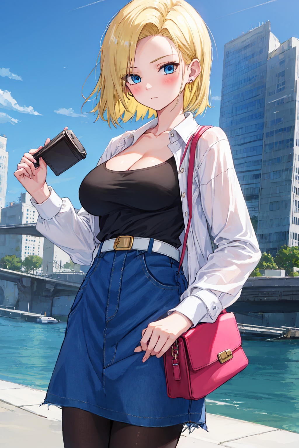 1girl,android 18,breasts,skirt,blonde hair,solo,blue eyes,outdoors,pantyhose,denim,earrings,short hair,jewelry,looking at viewer,long sleeves,belt,collarbone,shirt,day,black shirt,denim skirt,closed mouth,cleavage,building,black pantyhose,sky,blue sky,large breasts,blue skirt,bangs,bag,shirt tucked in,high-waist skirt,blush,holding,medium breasts,cityscape,holding bag,water,brown belt,cowboy shot,city,standing,<lora:android18-lora-nochekaiser:1>,