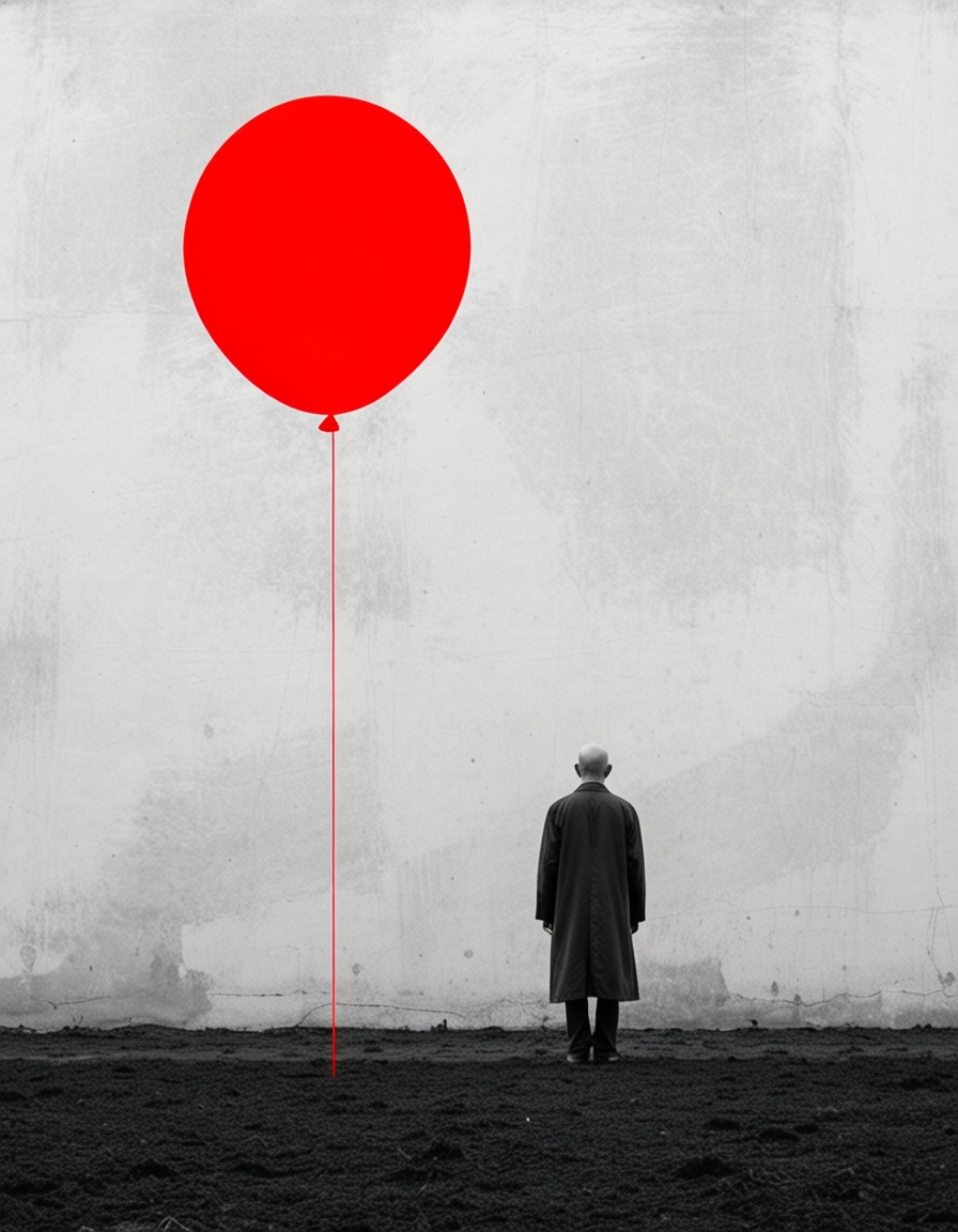 ehminimalism,  man looking a red baloon going away,  field on Tensor.Art