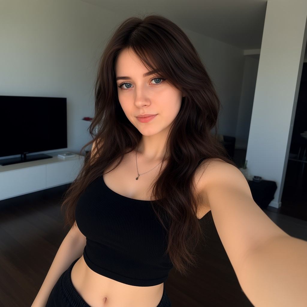 Photograph of a young woman with fair skin and long,  wavy dark brown hair. She has blue eyes and a subtle smile. She is w...