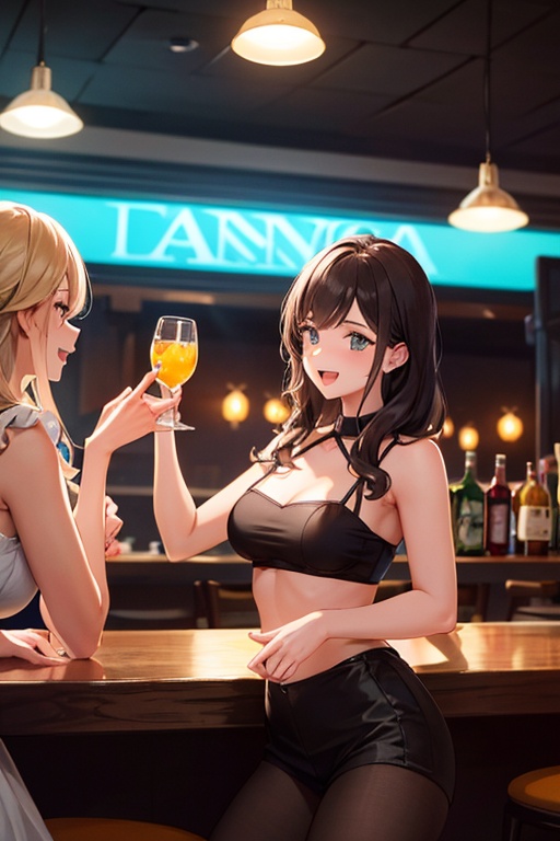 A well lit photograph of a woman having fun with her friends at the (bar:0.8),