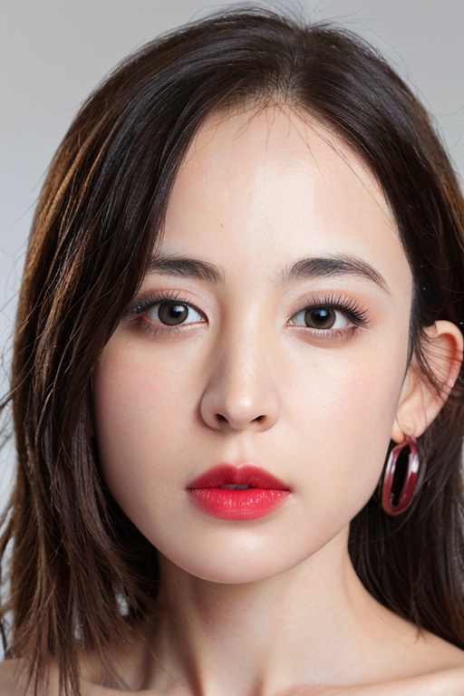{High detail RAW color portrait of gorgeous woman},Martin Schoeller style,{{front view}},face_focus,photo id,1girl,ultra_detailed_face,(((no_teeth,closed_mouth,looking at viewer:1.3))),detailed skin texture,brown_eyes,red_lips,lipstick,jewelry,solo,necklace,earrings,mole,long hair,black background,parted lips,{simple_background},((32k,RAW photo,best quality, masterpiece:1.2)),(photorealistic,Realistic:1.33),bokeh,(gloom_ambient_lighting),seductive,<lora:nazha_20240514203416:1>,