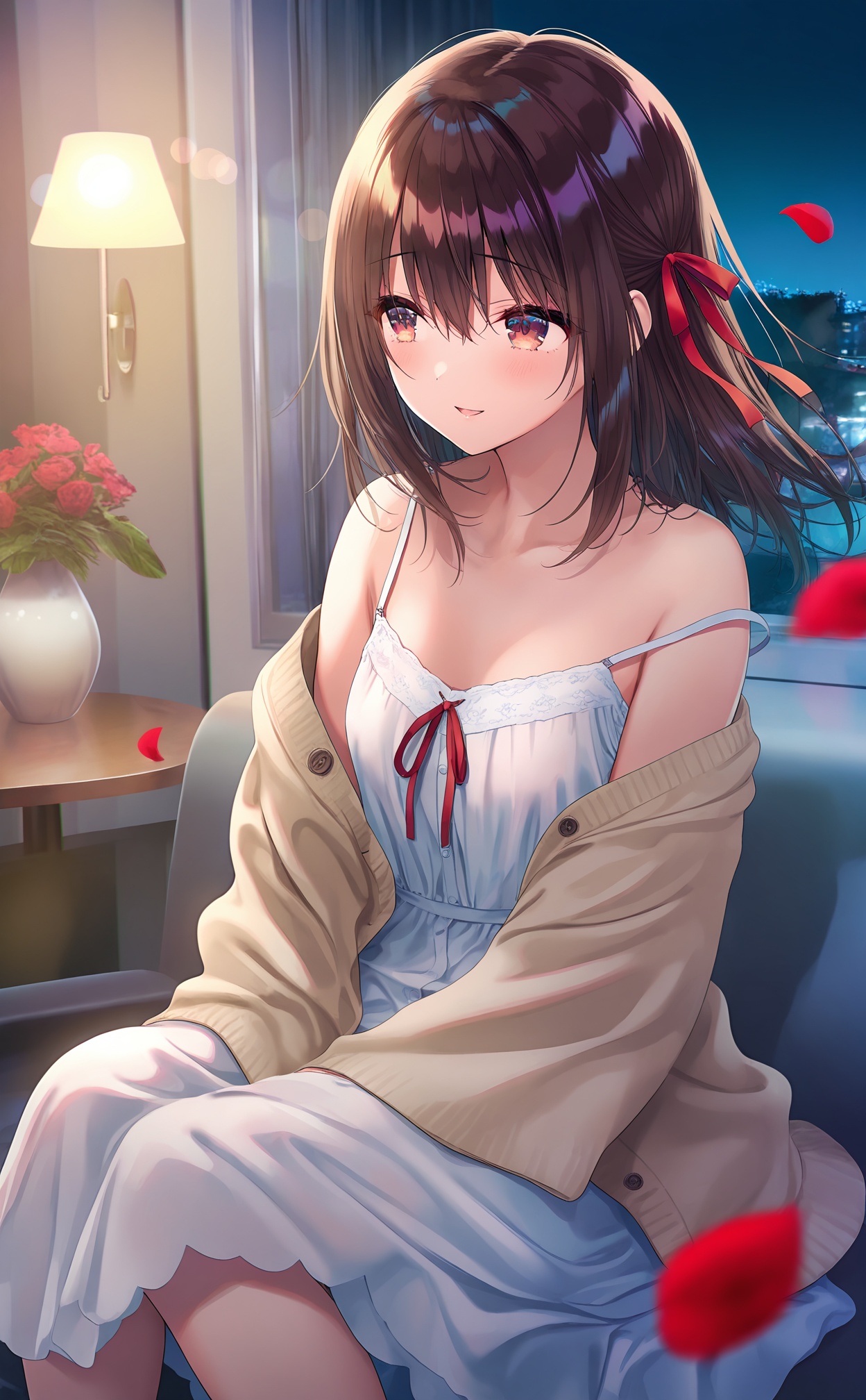 masterpiece,absurdres,best quality,(high quality:0.9),chromatic_aberration,Night,darkness,black theme,shy,embarrass,endured_face,nsfw,//,1girl, dress, reflection, long hair, white dress, brown hair, sitting, barefoot, solo, brown eyes, plant, hair between eyes, brown cardigan, open clothes, off shoulder, petals, long sleeves, strap slip, bare shoulders, collarbone, parted lips, cardigan, sleeveless dress, brown jacket, open mouth, red ribbon, open cardigan, wide sleeves, potted plant, sleeveless, looking to the side, different reflection, smile, closed mouth, flower, red flower, floating hair, blush, open jacket, ribbon, feet out of frame, blurry, jacket, indoors, breasts, falling petals, blurry foreground, small breasts//,potorealistic,((Artist:na-ga)),artist:luvluvvox,artist:fukai ryosuke,[artist:Torino aqua],artist:minato hitori,hiten_(hitenkei),artist:rurudo,artist:lazuri7,artist:yunikon,artist:ramchi,(courreges_ace),//,highres,HDR,8K,high contrast,illustration,depth of field,(colorful),Tyndall effect,contrast,lens flare,