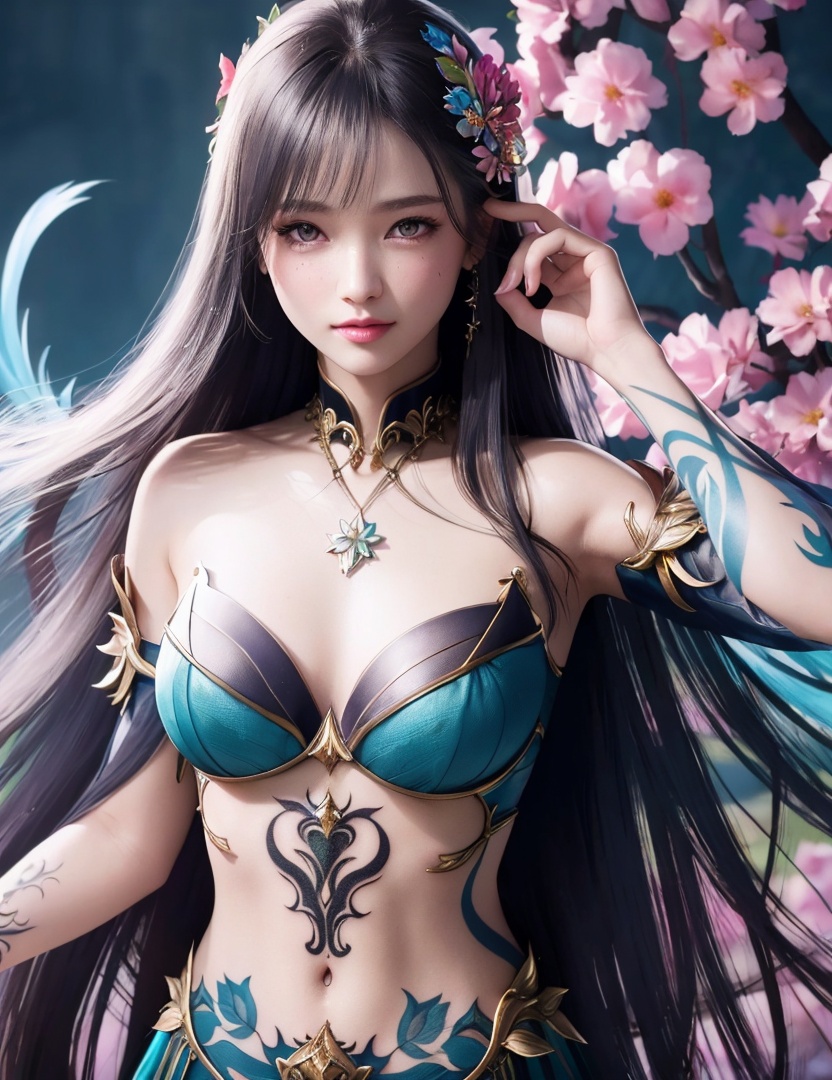 <lora:525-DA-斗破苍穹-萧薰儿-V2:0.8>(,1girl, ,best quality, ),looking at viewer,  ,,ultra detailed background,ultra detailed background,ultra realistic 8k cg,, ,masterpiece, (( , )),ultra realistic 8k cgSurrounded by strange, movie perspective, advertising style, Colorful background, splash of color A beautiful woman with delicate facial features,tattoo all over body, flower arms, age), (),