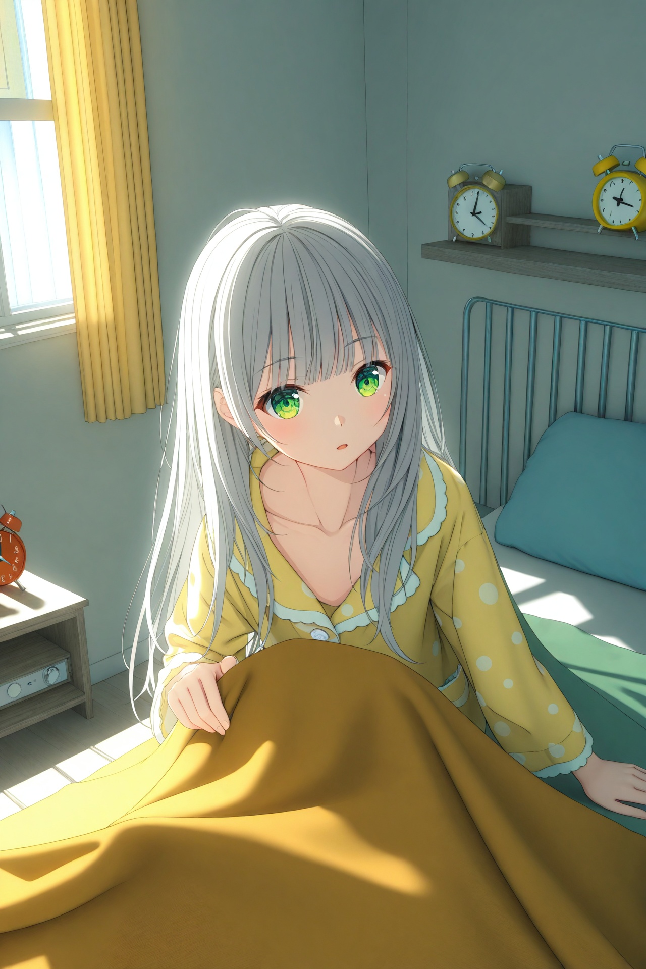 (masterpiece),(best quality),illustration,ultra detailed,hdr,Depth of field,(colorful),loli,1girl,clock,solo,alarm clock,under covers,green eyes,bed,long hair,pillow,indoors,sunlight,curtains,pajamas,grey hair,blanket,window,collarbone,bangs,