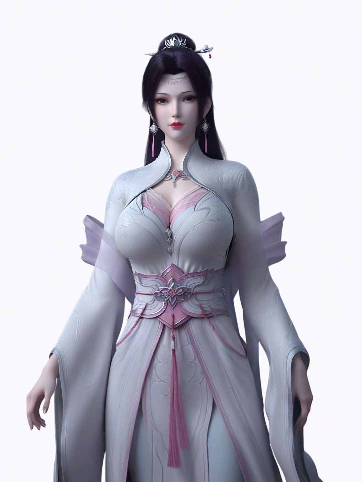 score_9,1girl,solo,dress,long hair,earrings,hair ornament,eyelashes,large breasts,standing,wide sleeves,lipstick,looking at viewer,white background,simple background,cowboy_shot,<lora:SF_YunYun_HuaZong_Pony_Realism2.3-000003:0.7>,