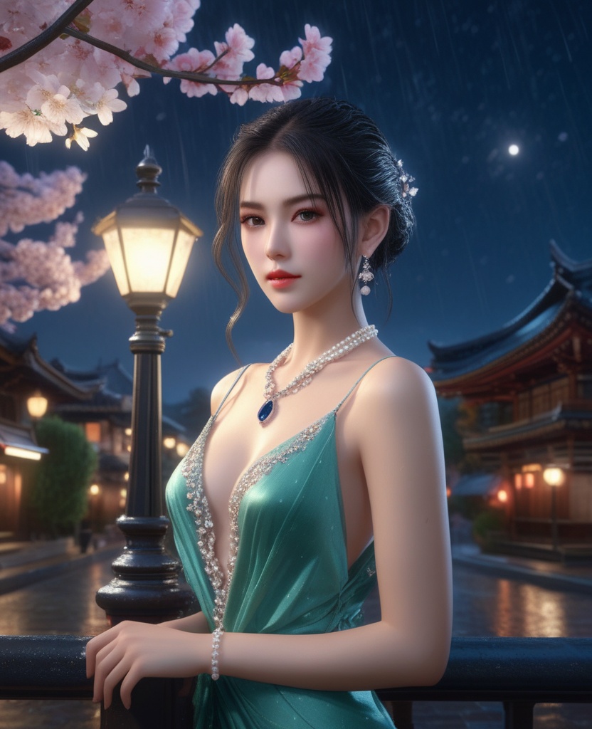 <lora:609-DA-XL-天行九歌-焰灵-水中:0.8>(,1girl, ,best quality, ),looking at viewer, ,ultra detailed 8k cg, ultra detailed background,  ultra realistic 8k cg,          cinematic lighting, cinematic bloom, (( , )),,  , unreal, science fiction,  luxury, jewelry, diamond, pearl, gem, sapphire, ruby, emerald, intricate detail, delicate pattern, charming, alluring, seductive, erotic, enchanting, hair ornament, necklace, earrings, bracelet, armlet,halo,masterpiece, (( , )),,  ,cherry blossoms,(((, night,night sky,lamppost,  ultra high res, (photorealistic:1.4), raw photo, 1girl, , rain, sweat, ,wet, )))(( , ))   (cleavage), (),