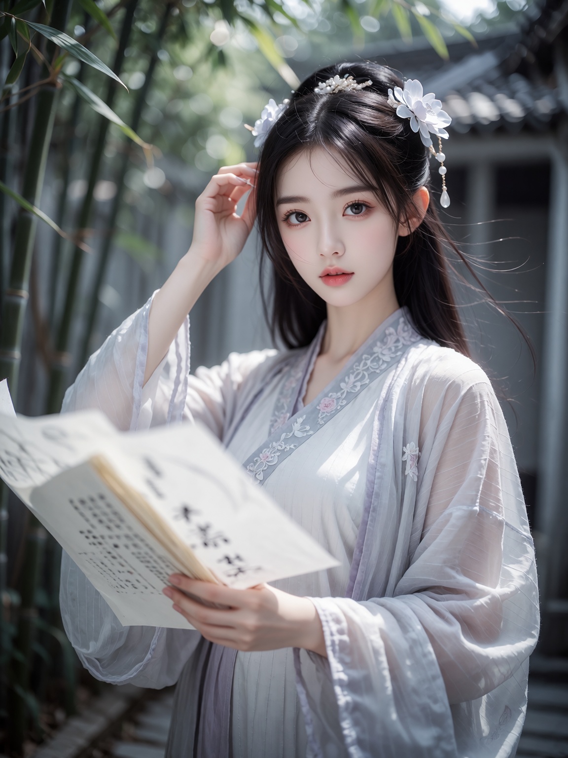 一位身着素雅白色汉服的年轻女子,  面容清丽温婉,  眉目如画 by 天海TianHai on Tensor.Art