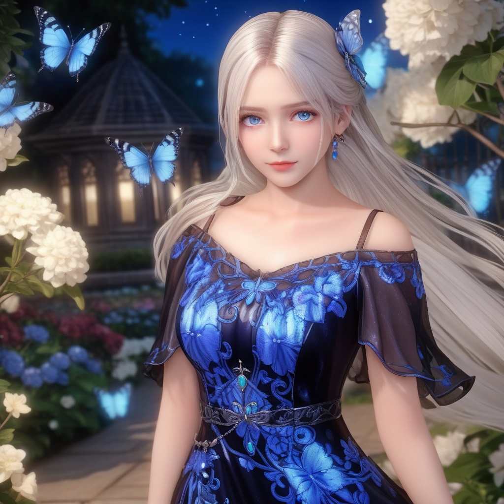 <lora:847-DA-XL-死或生-Elise-BirthdaySuit-20220903:0.8>, (masterpiece),(best quality),night,glowing eyes,gothic,long dress, 1 girl, solo, long white hair, blue eyes, detailed eyes, blink and youll miss it detail,butterfly, flower garden, high quality, floral background, very detailed,off shoulde