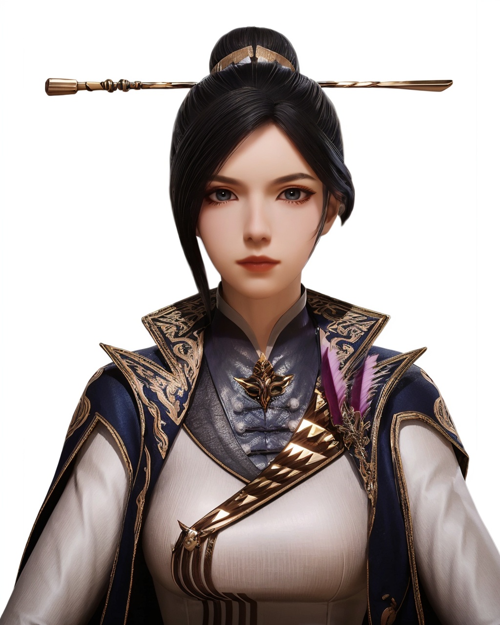 <lora:zhouyi:0.8>,zhouyi,(upper body),(looking at viewer),1girl,solo,light_smile,black_single_hair_bun,hair ornament,hairpins,hair stick,high collar,chinese clothes,(white background:1.3),