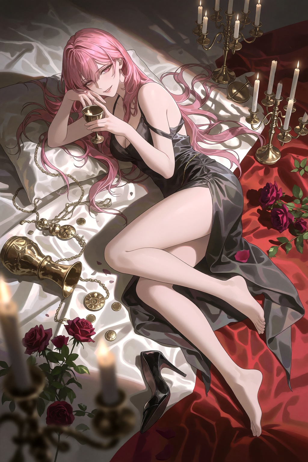 A high-angle full shot depicts a smirking woman with long wavy pink hair reclining on a draped bed or surface covered in w...