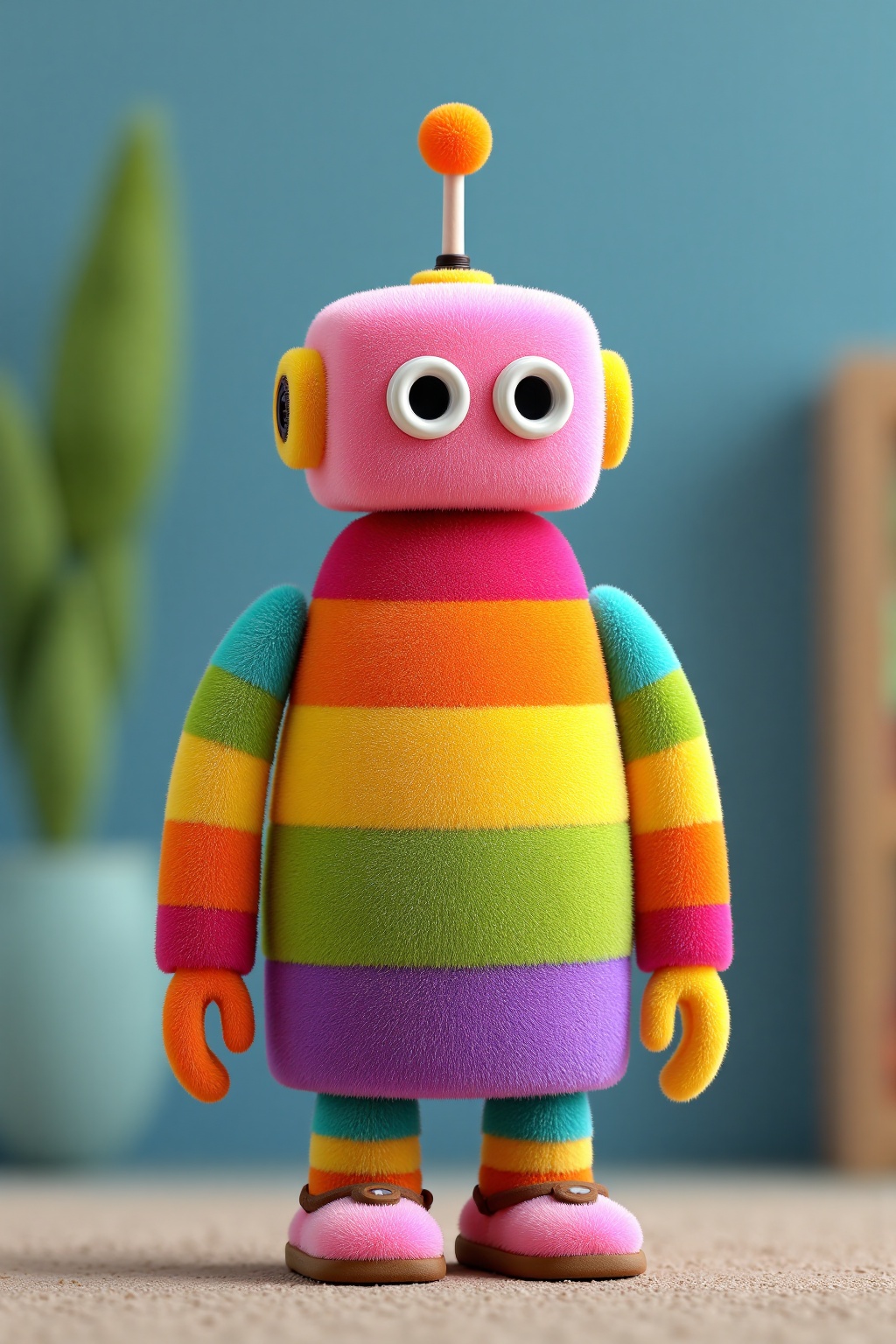 beijihui,Captured at eye-level on a vibrant day, a small toy robot **** from a variety of vibrant colors. The robot's head is adorned with two round eyes, a pink top, and a yellow bottom. The toy's body is **** up of three sections, each section having a rainbow-colored stripe. The eyes are large and round, and the tip of the toy is a small orange ball, adding a pop of color to the scene. The background is a muted blue, with a blurred backdrop of greenery. At the bottom of the image, a light brown surface is visible, adding depth to the composition.