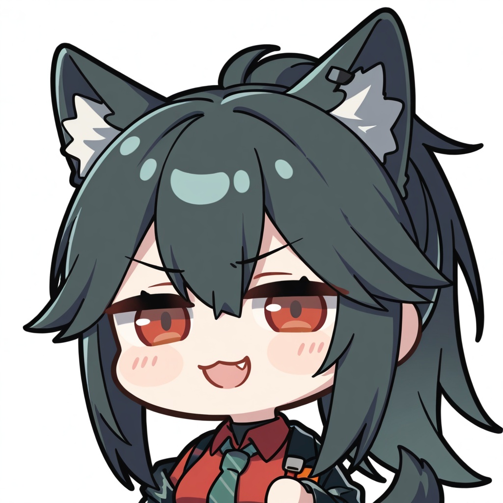 chibi,1girl,solo,upper body,texas \(willpower\) \(arknights\),arknights,animal ears,black hair,long hair,wolf ears,ponytail,,hair between eyes,sidelocks,animal ear fluff,wolf girl,red eyes,tail,wolf tail,meme, fang, open_mouth, smile, v-shaped_eyebrows, upper_body, half-closed_eyes, smug, looking_at_viewer, outline, :3, white_outline, cat eyes,,white background,simple background,<lora:Kei_Style_noob-4:0.4>,