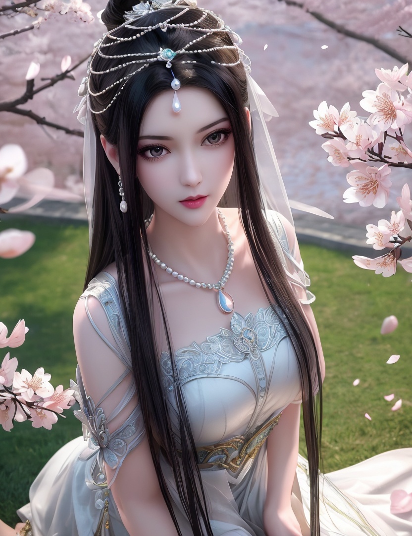 ultra realistic 8k cg, picture-perfect face, flawless, clean, masterpiece, professional artwork, famous artwork, cinematic lighting, cinematic bloom, perfect face, beautiful face, fantasy, dreamlike, unreal, science fiction,   lace, lace trim, lace-trimmed legwear,  (rich:1.4), prestige, luxury, jewelry, diamond, gold, pearl, gem, sapphire, ruby, emerald, intricate detail, delicate pattern, charming, alluring, seductive, erotic, enchanting, hair ornament, necklace, earrings, bracelet, armlet,halo((,1girl, pov,))  , ((((1girl, solo, ,cherry blossoms,outdoors, ))))<lora:DA_LinQingZhu:0.6>