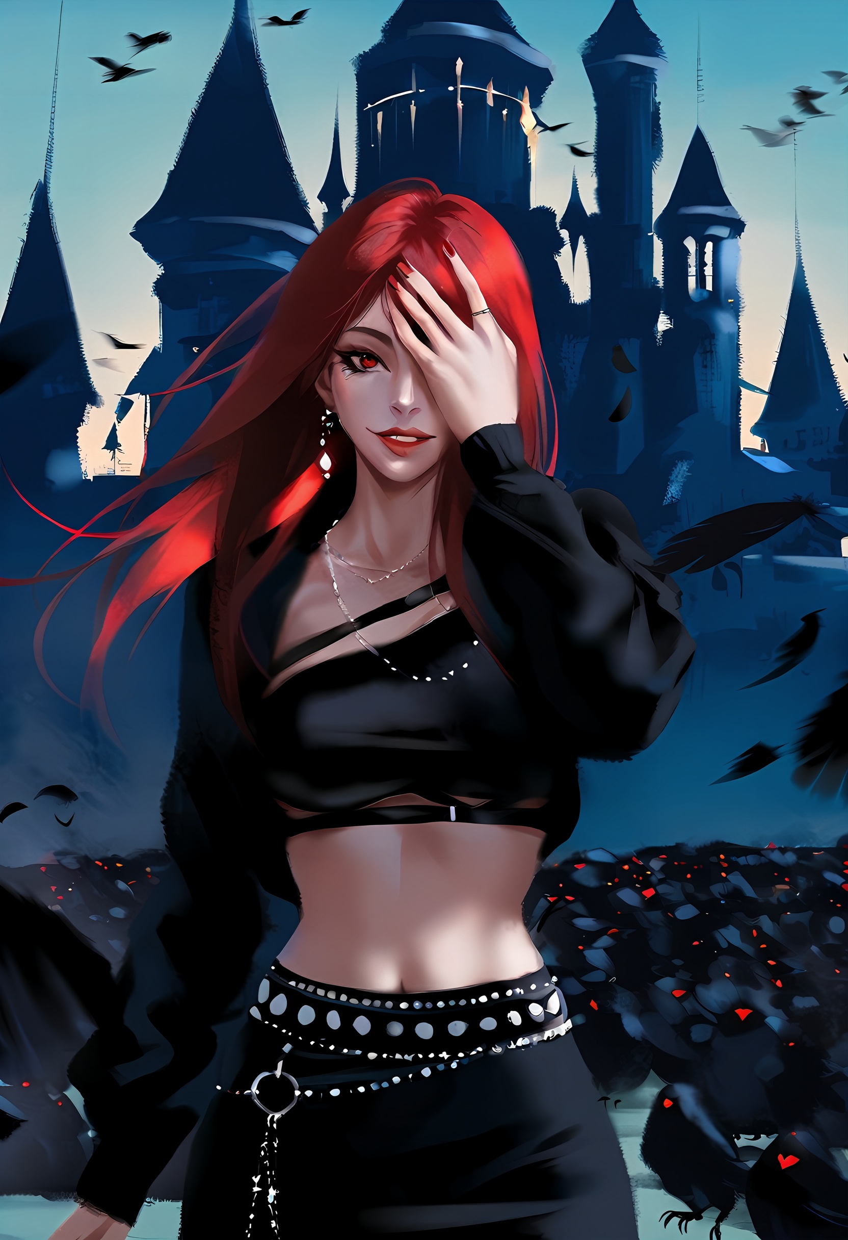 (画风18:1.2),a red haired girl wearing a black windbreaker stood in front of the pitch black castle, many crows hovering around her and in the air, her hair was fluttering with the wind, long red hair, deep red eyebrows, red eyes, red lips, collarbone, long red nails, gold earrings, black peep finger covers, black bra, and belt, oblique light, black feathers danced in the air, smile, she raised one hand to cover one eye, medium breasts, long sleeves, red hair, crows, fantasy, piercing gaze, gothic attire, black feathers, silver jewelry, hand covering face, mysterious, digital painting, close-up, dynamic composition, brush strokes, cool color palette, blurred background, shadow effects