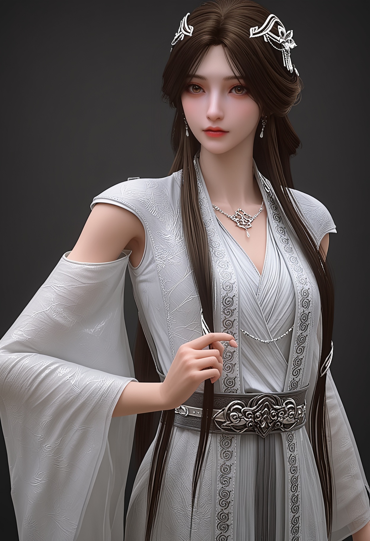 (upper_body:1.2),score_9,score_8_up,masterpiece,(best quality),intricate details,facing viewer,(looking at viewer:1.1),<lora:YQ_pony_yuxin2.0_V4:0.8>,q1528437228,1girl,solo,long hair,hair ornament,jewelry,earrings,dress,brown hair,white dress,necklace,black hair,brown eyes,chinese clothes,long sleeves,detached sleeves,wide sleeves,hair bun,BREAKscore_9,score_8_up,masterpiece,(best quality),perfect anatomy,(hourglass),perfect face,(simple background,pure black background,black background:1.1),fair_skin,shiny_skin,Ivory_skin,