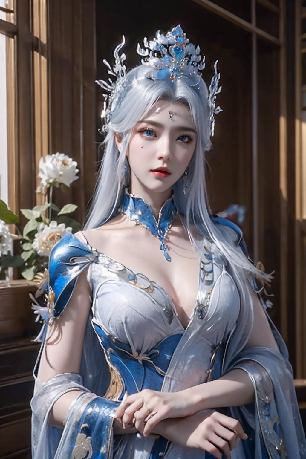ningyudie,1 girl,blue eyes,long white hair,silver crown,armor,headwear,gufeng,half body photo,petal,real,photo realistic,highly detailed,(masterpiece),(high quality),best quality,super detailed,full detail,4k,8k,