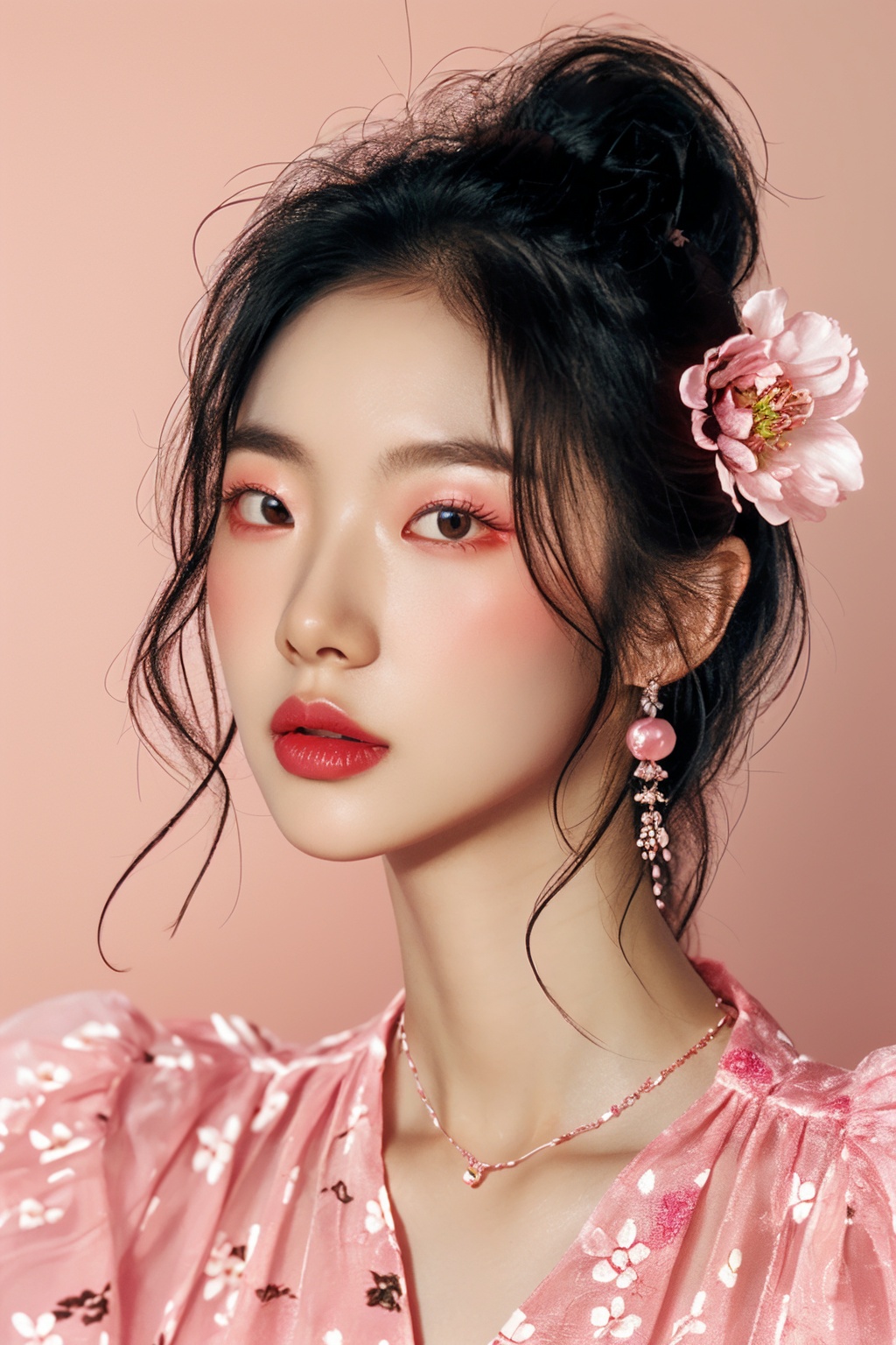a woman with a flower in her hair and a pink dress with a flower in her hair and a pink necklace,1girl,earrings,solo,black_hair,jewelry,tan_background,