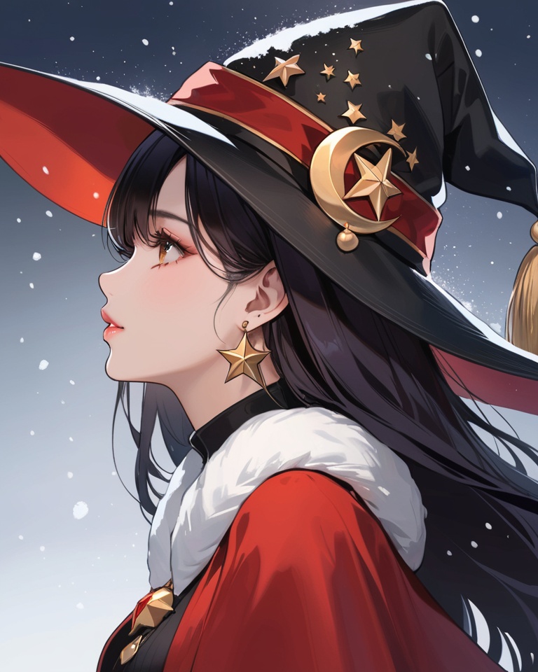 (best quality), ((masterpiece)), (highres), illustration, original, extremely detailed,<lora:SNQX:0.7>1girl, solo, hat, jewelry, mole, mole under mouth, earrings, witch hat, crescent, snowing, black hair, from side, black headwear, profile, hat ornament, witch, upper body, lips, snow, eyelashes