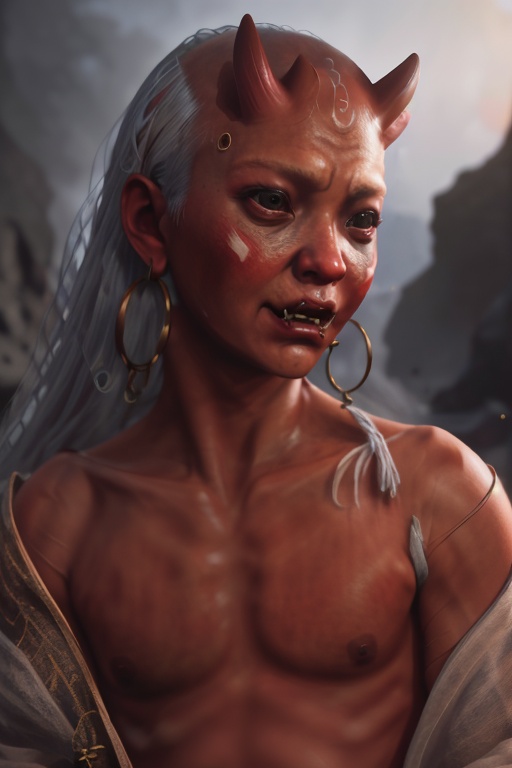 masterpiece,best quality,(8k, RAW photo, best quality, masterpiece:1.2),(realistic, photo-realistic:1.37),stunning 8k fashion photo,red skin, jewelry, earrings, solo, 1boy, male focus, horns, hoop earrings, colored skin, realistic, food, oni, holding, upper body, fangs, hher_xy