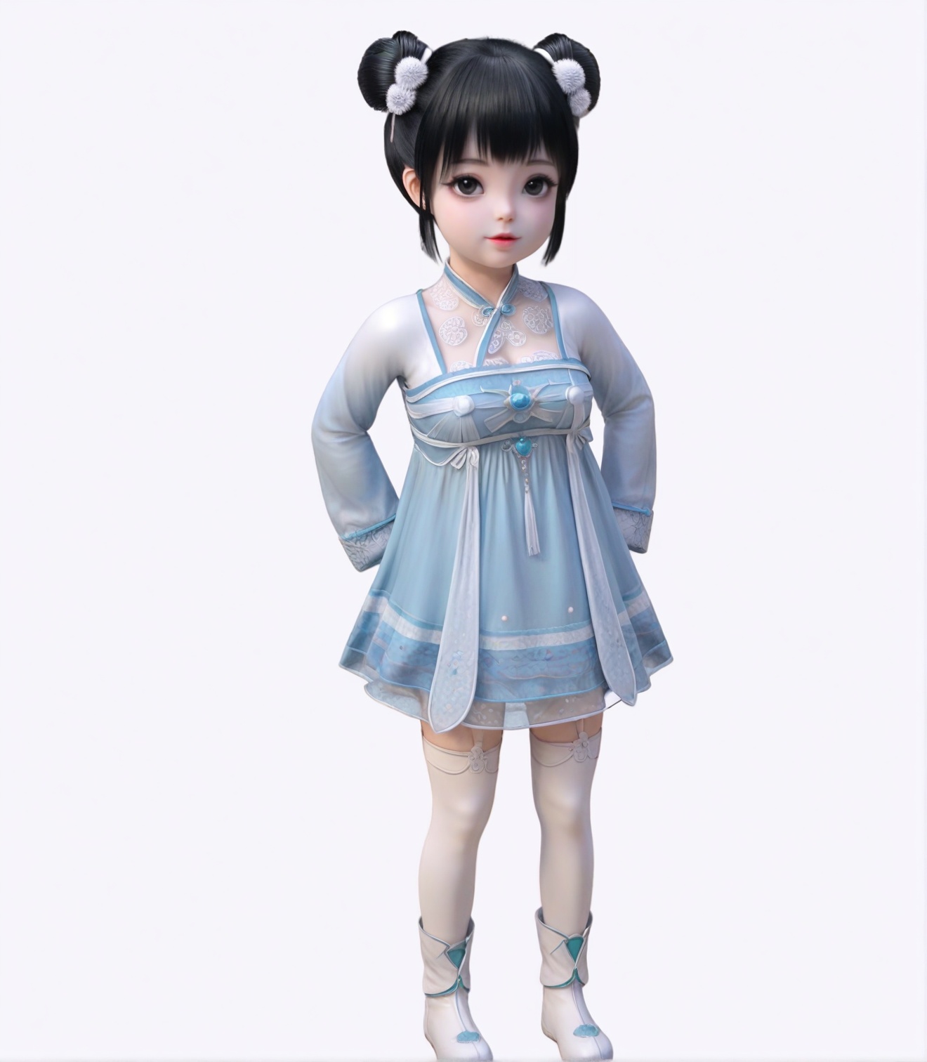 score_9,1girl,solo,child, hair ornament,dress,hair bun,double bun,breasts,large breasts,dress,lipstick,eyelashes,bangs,black eyes,long sleeves, black hair,looking at viewer,white background,simple background,full body,white boot,white thighhighs,<lora:SF_XiaoRuoXi_Pony_Realism2.3:0.72>,