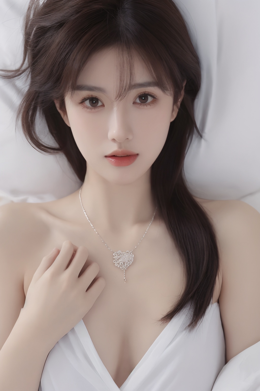 1girl,solo,lying,brown hair,necklace,realistic,looking at viewer,on back,black eyes,jewelry,lips,hand on own chest,black hair,parted lips,blurryt,<lora:sifang_20231118123505:0.7>, 