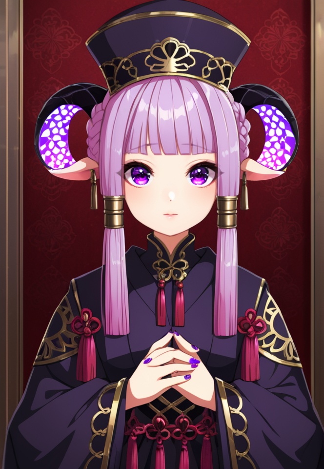 (best quality), ((masterpiece)), (highres), illustration, original, extremely detailed,  <lora:好き物语:0.7>1girl, solo, horns, purple eyes, looking at viewer, animal ears, purple nails, own hands together, bangs, wide sleeves, braid, long sleeves, nail polish, closed mouth, upper body, hat, blunt bangs, hair tubes