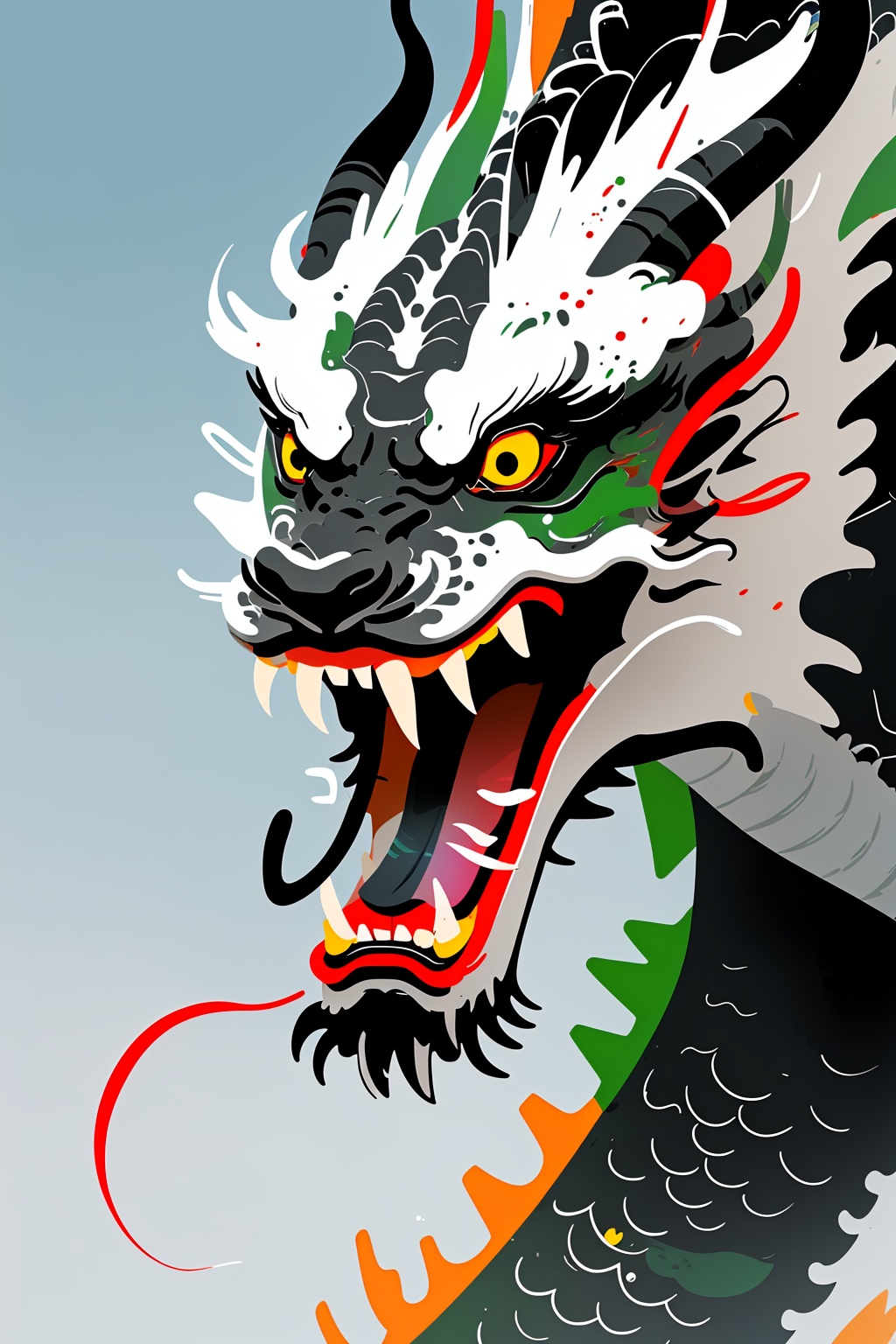 hcml,solo,open mouth,yellow eyes,teeth,no humans,fangs,whiskers,eastern dragon, <lora:幻彩墨龙-000008:0.8>