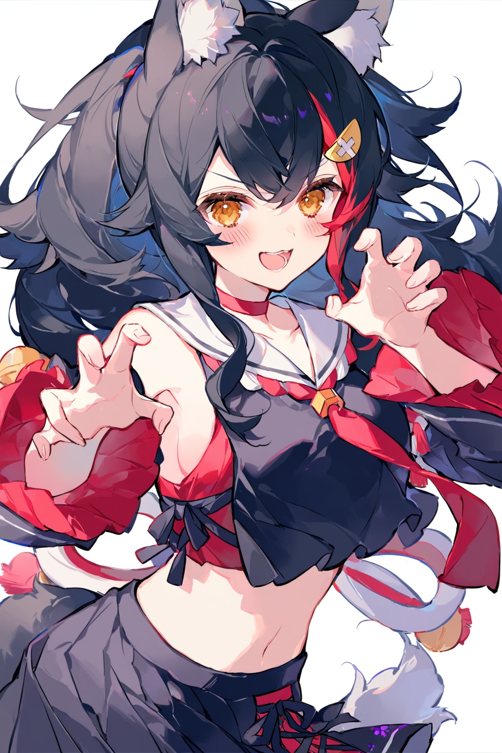 1girl, ookami mio, virtual youtuber, solo, best quality, simple background, white background, looking at viewer, outstretched arm, smile, animal ear fluff, wolf tail, wolf ears, open mouth, yellow eyes, hair between eyes, black hair, long hair, streaked hair, hairclip, bangs, breasts, navel, black skirt, black shirt, pleated skirt, detached sleeves, sailor collar, claw pose, midriff, wolf girl, bell, red choker, crop top, kouhaku nawa