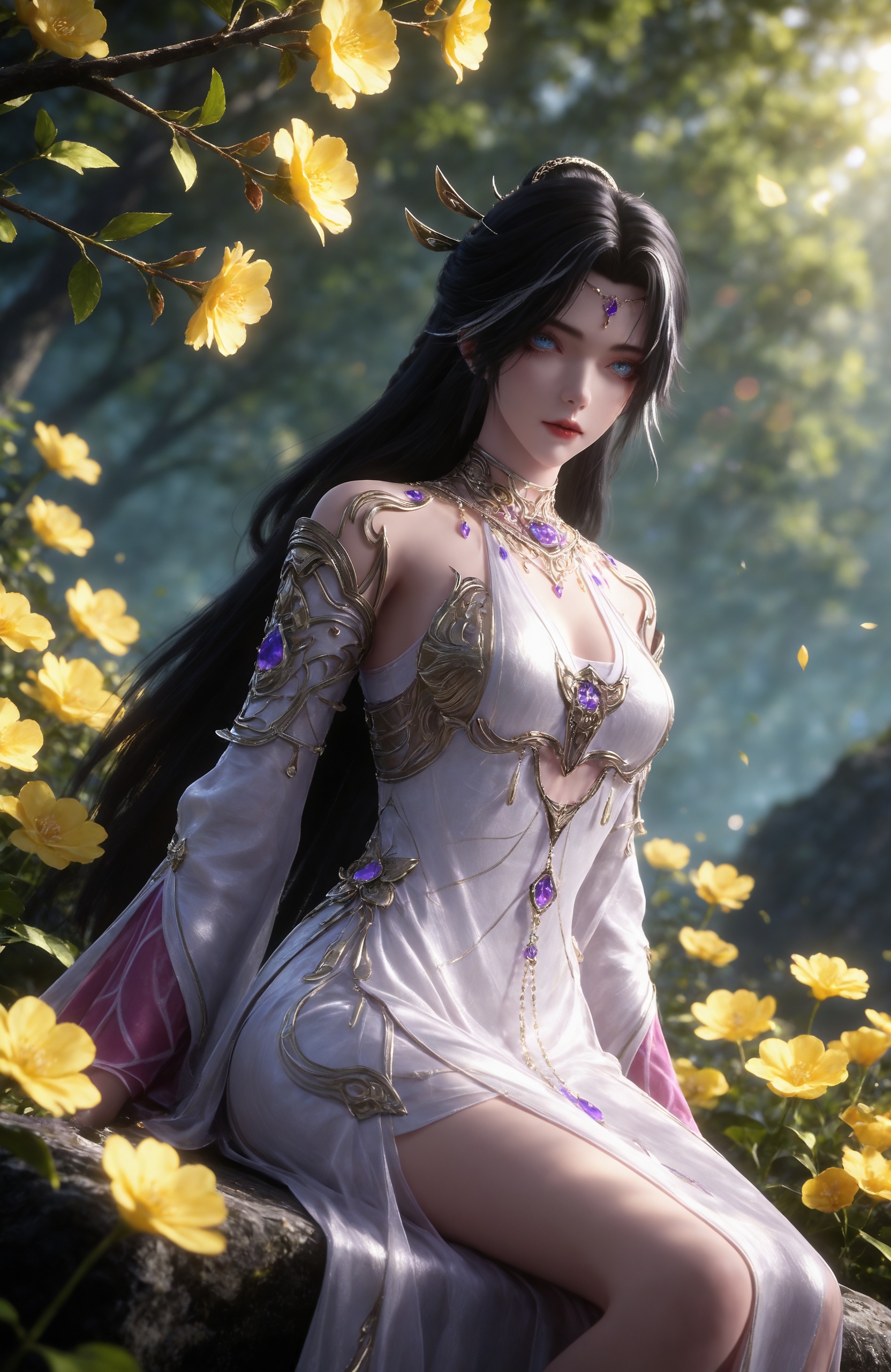 <lora:完美世界-魔女本尊IL:0.7> 1girl, long hair, black hair, hair ornament, blue eyes, hair bun, white dress, bare shoulders, detached sleeves, necklace, jewelry,mid_shot,, realistic style photo,outstanding style,Use soft lighting to cast gentle shadows on the subject,adding a touch of dimension to your images without compromising details,whirls of vapor,(Anime:1.1),soft neon light,ethereal ambiance,delicate details,magical atmosphere,concept art,highly detailed,ultra-high resolution,32K UHD,sharp focus,best-quality,masterpiece,golden hour,unconventional supreme masterpiece,masterful details,temperate atmosphere,with a high-end texture,in the style of fashion photography,magazine style,Dynamic Angle,Dynamic posture,magazine style,Dynamic Angle,Dynamic posture,(cowboy_shot:1.2),eye trail,depth of field,cinematic lighting,lens flare,close-up,extreme aesthetic,(wlop:0.6),(honjou raita,lack,rella,wanke:0.5),masterpiece,best quality,good quality,newest,year 2025,very aesthetic,absurdres,Visual impact,A shot with tension,ultra-high resolution,32K UHD,sharp focus,best-quality,masterpiece,Emotionalization,unconventional supreme masterpiece,masterful details,temperate atmosphere,with a high-end texture,in the style of fashion photography,(Visual impact:1.2),giving the poster a dynamic and visually striking appearance,, 1girl, flower, sitting, solo, blurry, yellow flower, blurry background, outdoors, sunlight, looking at viewer, nature, depth of field, arms at sides, leaf, tree, light rays, plant, feet out of frame, day,