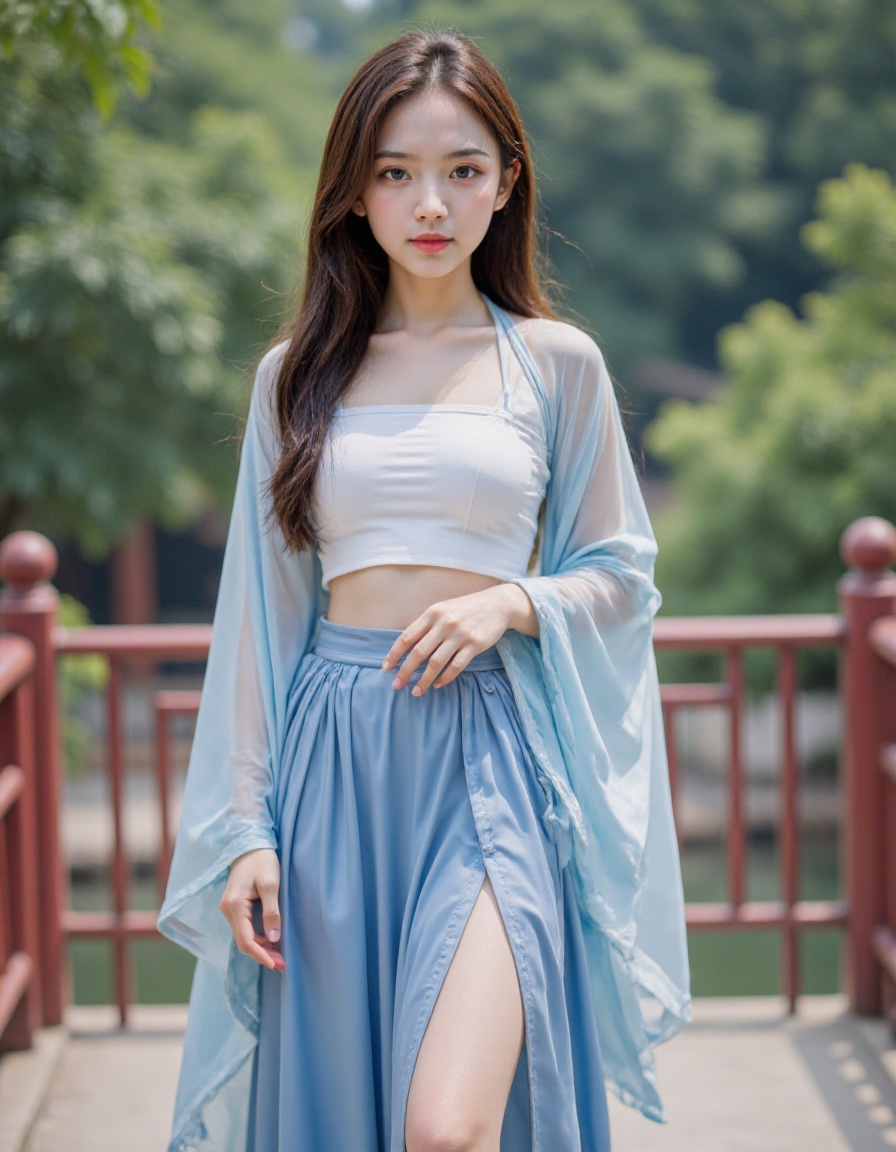girl with long hair and brown eyes, wearing a blue chinese skirt,