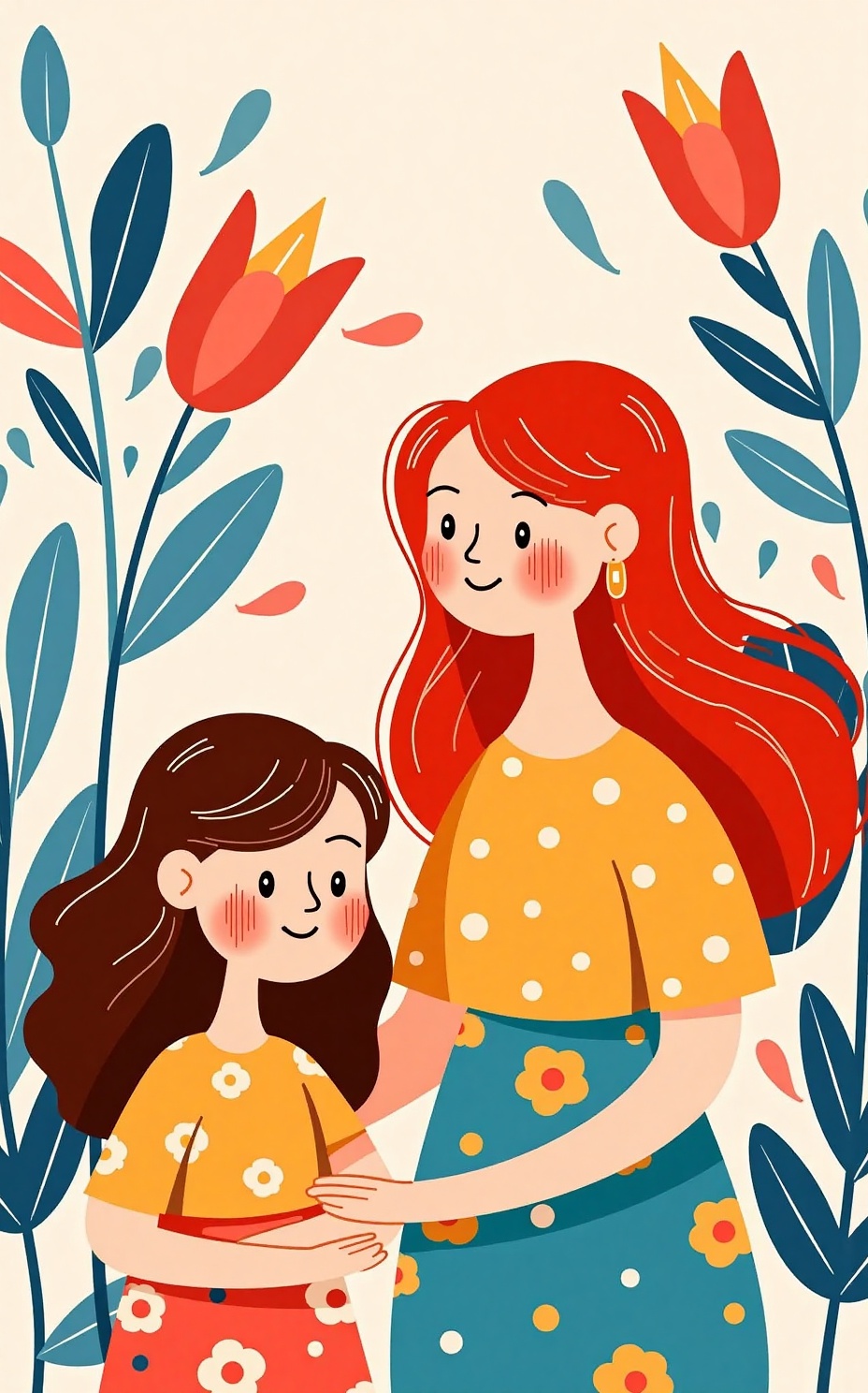 Mother's Day illustration elements, A digital illustration in a whimsical, flat design style depicts a mother with long, wavy red hair and a young girl with brown hair, both with rosy cheeks, smiling. They wear colorful, patterned clothes amidst a vibrant, abstract floral background with large, stylized flowers and leaves in shades of blue, orange, and pink. 