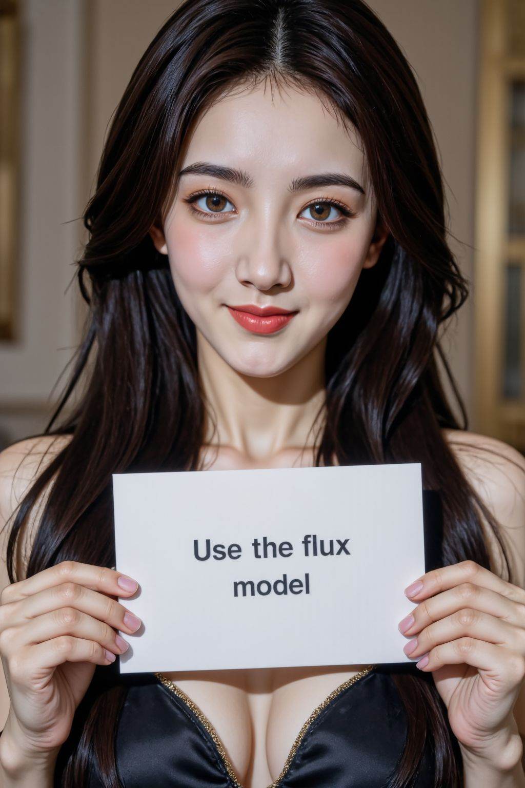 <lora:20250818_AgainGirlF1Lora10:0.8>,HDR photo of cinematic film still instagram photo, closeup face photo of 20 y.o, brown eyes, pale skin, smirk, black long straight hair, elegant dress, holding a sign with text "Use the flux model",