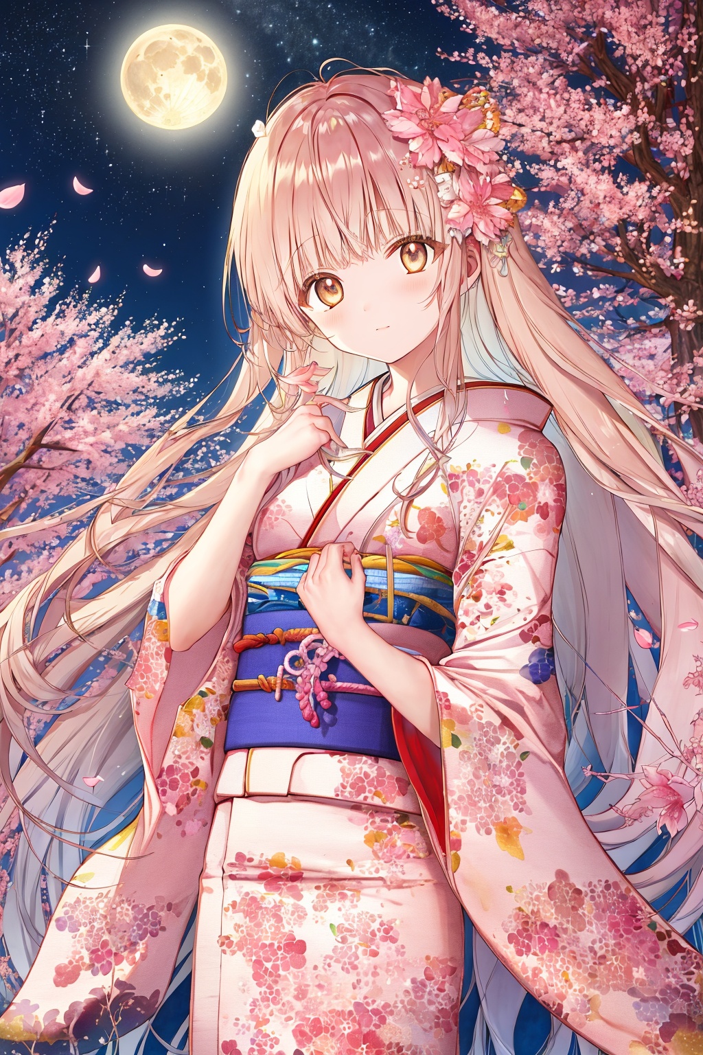 <lora:艺术家_はねこと1-000017:1>, (the Girls journey of starry fairyland),(extremely detailed CG unity 8k wallpaper,masterpiece, best quality, ultra-detailed),(best illumination, best shadow, an extremely delicate and beautiful), dynamic angle, floating, fairyland,finely detail, Depth of field (bloom),(shine), (girl in the starry pink fairyland,starry pink fairyland in the starry sky,starry sky in the wonderland), (watercolor medium), (painting),moon, full moon, (1Princess:1.3), solo, (upper body:1.3), night, breasts,((starry sky|sakura) (gauze|kimono), open-chest kimono, cleavage,white and pink gauze|kimono:1.2), sky, bare shoulders, night sky, cherry blossoms, (multicolored aqua hair, aqua hair,aqua eyes:1.15), medium breasts, wide sleeves, star (sky), petals,sakura petals, eyebrows visible through hair, outdoors, bangs,( starry sky, star sky), starry sky, sky, night, night sky, shooting star,) aqua eyes, bare shoulders,sakura petals and flowers, looking at viewer,eyebrows visible through hair, frills, breasts,ornament ,hair ornament,starry|flowers ornamment,(fairy tale and dreamy spring niaght)