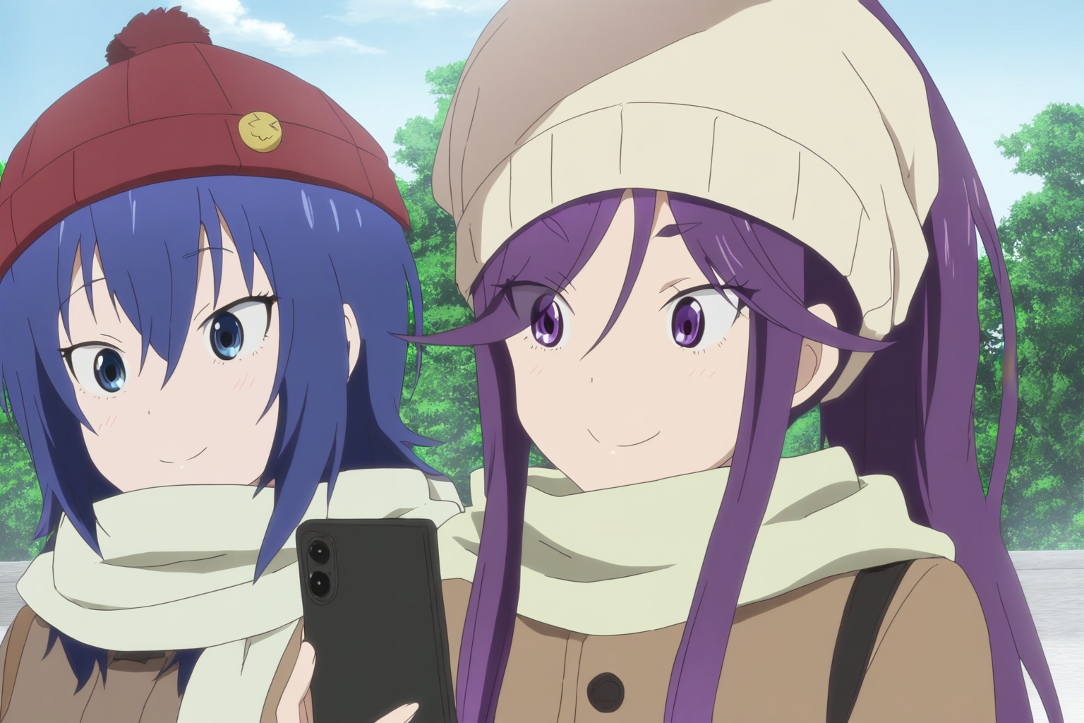 2girls,multiple girls,blue hair,hat,beanie,scarf,purple eyes,purple hair,outdoors,long hair,blue eyes,phone,smile,anime coloring,cellphone,<lora:journey-000005:0.8>,