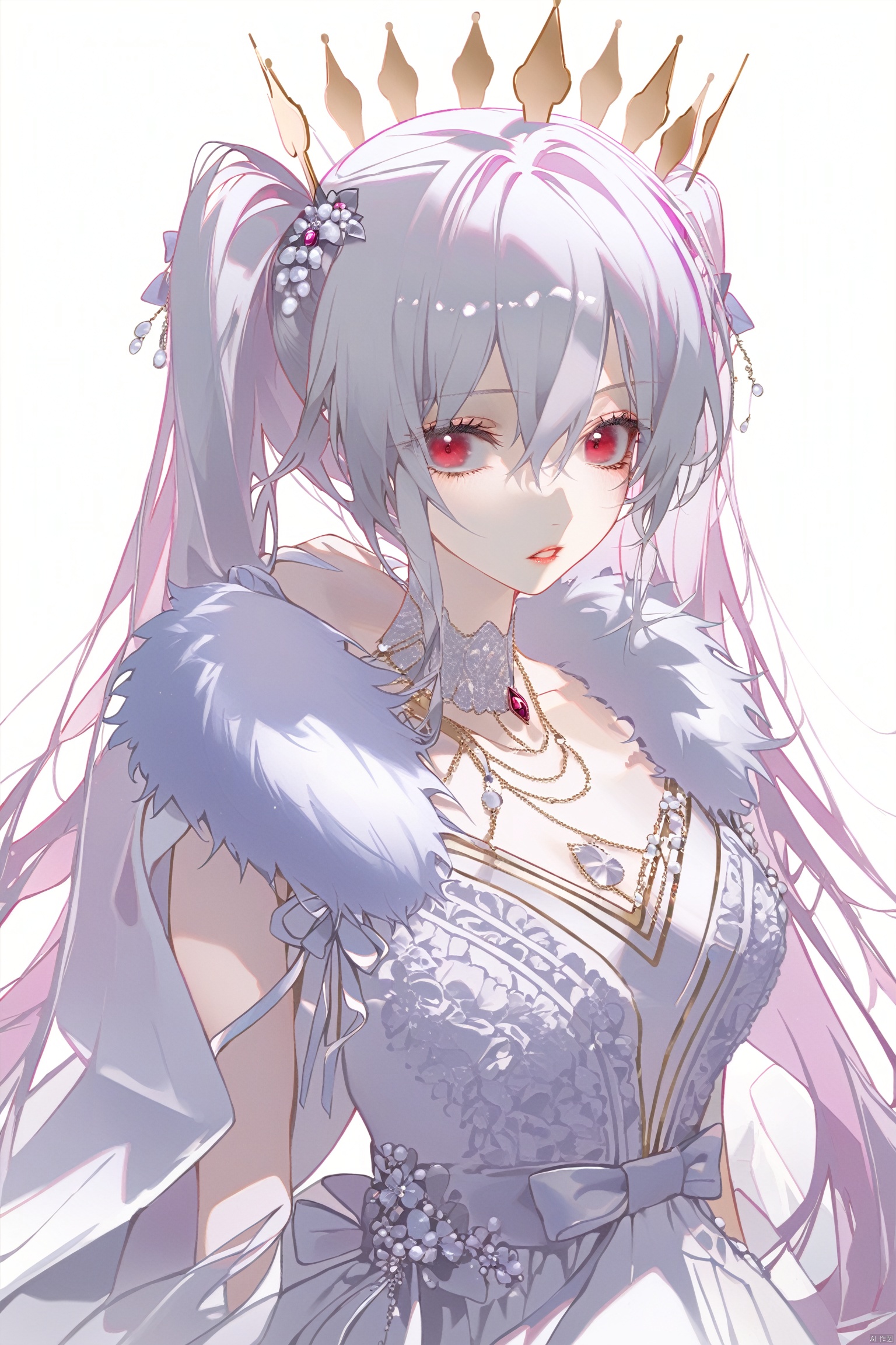 1girl, solo, long hair, breasts, looking at viewer, bangs, red eyes, white background, dress, bow, hair between eyes, twintails, very long hair, collarbone, upper body, white hair, hair bow, parted lips, pink eyes, white dress, fur trim, crown, white bow, white theme