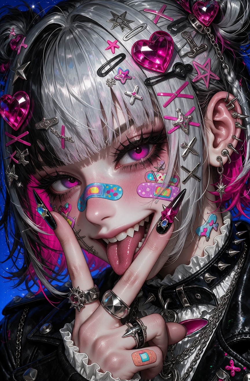 Ultra-detailed anime illustration in a glossy,  high-contrast cel-shaded style with sharp inked linework and hot pink high...