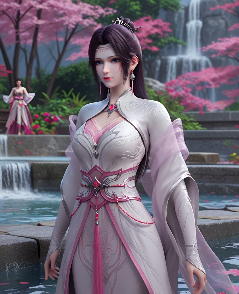 (oriental architecture, elegant decor, sophisticated style:1.1),(splashing water in the fountain:1.1),looking at viewer,(breasts:1.2),<lora:XL16斗破苍穹花宗云韵:0.95>,miss yunyun,white dress,blue eyes,traditional chinese updo with long cascading hair,black hair,hair ornament,earrings,jewelry,bolero,pink sheer shawl,wide flowing sleeves,pink chiffon bra,sash,opera gloves sleeves,white high heels,, score_9,score_8_up,score_7_up,score_6_up,score_5_up,score_4_up,3d rendering,tag1,tag2, Cinematic Lighting,backlighting,, zPDXL3, zPDXL2,zPDXL, zPDXLxxx, zPDXLrl,