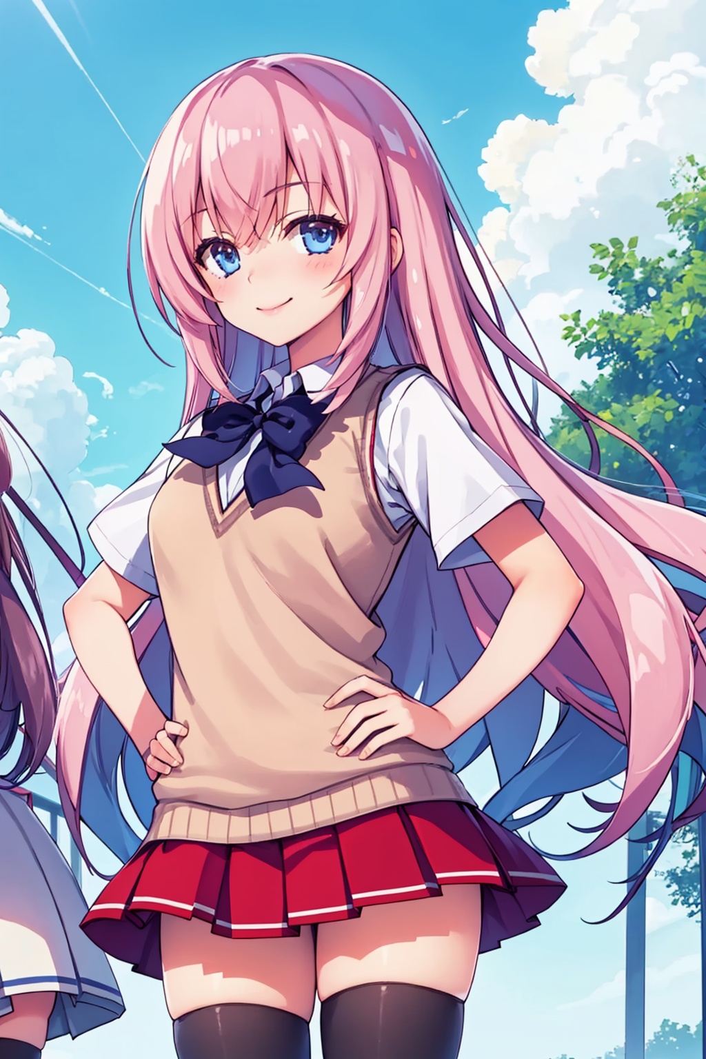 masterpiece,best quality, highly detailed, 2girls,ichinose honami (youjitsu),looking at viewer,school uniform,pleated skirt,solo focus,blush,day,miniskirt,outdoors,red skirt,short sleeves,smile,sweater vest,back-to-back,blue sky,cloud,cowboy shot,hand on hip,shirt,standing,thighhighs,tree,zettai ryouiki,<lora:ichinose_honami_(youjitsu):1>