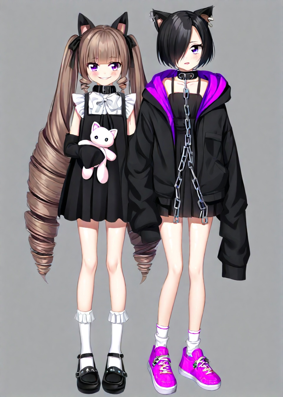 multiple girls, 2girls, animal ears, long hair, skirt, socks, chain, black hair, jacket, drill hair, collar, looking at viewer, full body, black dress, very long hair, stuffed toy, twintails, cat ears, hood, hoodie, pink footwear, sleeveless, purple eyes, standing, black skirt, pleated skirt, short hair, hair over one eye, black footwear, bow, ear piercing, simple background, sleeves past fingers, stuffed animal, smile, shoes, white socks, parted lips, long sleeves, sleeves past wrists, dress, brown hair