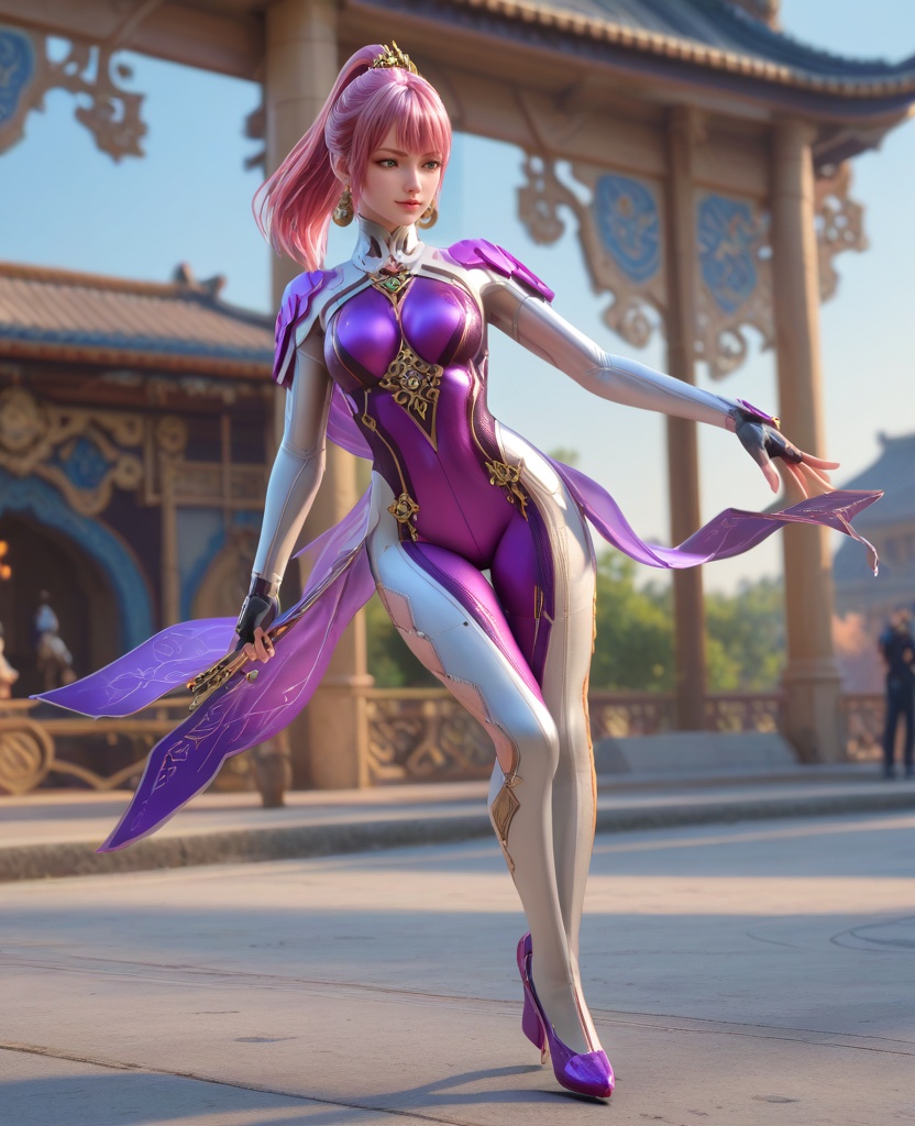 (oriental architecture, elegant decor, sophisticated style:1.1),(ice skating, spinning:1.1),(breasts:1.2),<lora:XL16穿越火线步练师潜伏者:0.95>,miss bulianshiq,bodysuit,green eyes,eyeshadow,pink hair,ponytail,earrings,jewelry,hair ornament,fingerless gloves,skin tight,purple high heels,purple and white openwork catsuit,, score_9,score_8_up,score_7_up,score_6_up,score_5_up,score_4_up,3d rendering,tag1,tag2, Cinematic Lighting,backlighting,, zPDXL3, zPDXL2,zPDXL, zPDXLxxx, zPDXLrl,