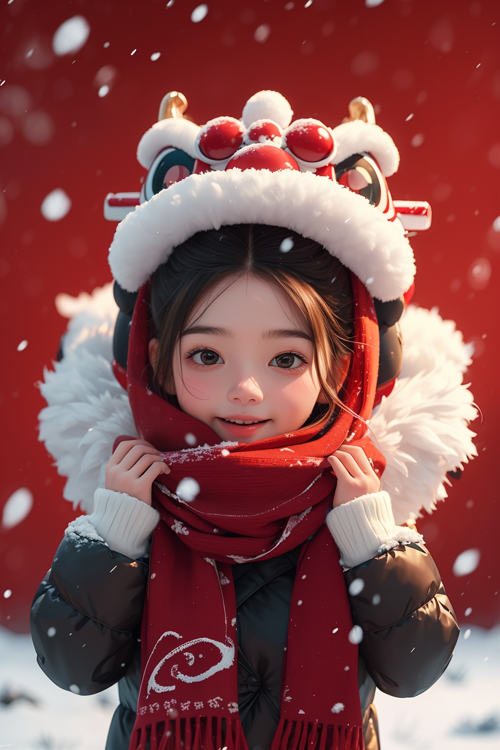 1girl,1boy,scarf,red_background,upper body,snow,<lora:麻袋2024-015:0.7>,, masterpiece,best quality,ultra-detailed,