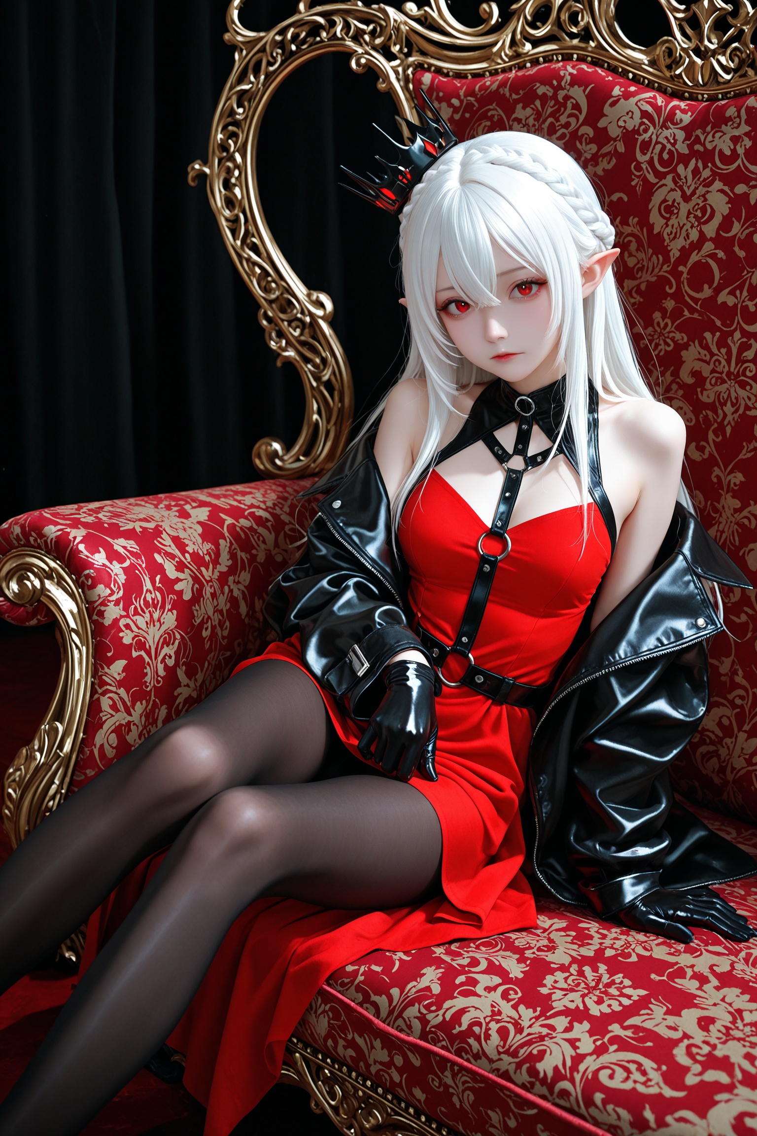 1girl, solo, long_hair, looking_at_viewer, bangs, red_eyes, gloves, long_sleeves, dress, hair_between_eyes, bare_shoulders, sitting, closed_mouth, jacket, braid, white_hair, pantyhose, pointy_ears, black_gloves, off_shoulder, black_jacket, black_pantyhose, feet_out_of_frame, on_side, red_dress, crown_braid, vampire