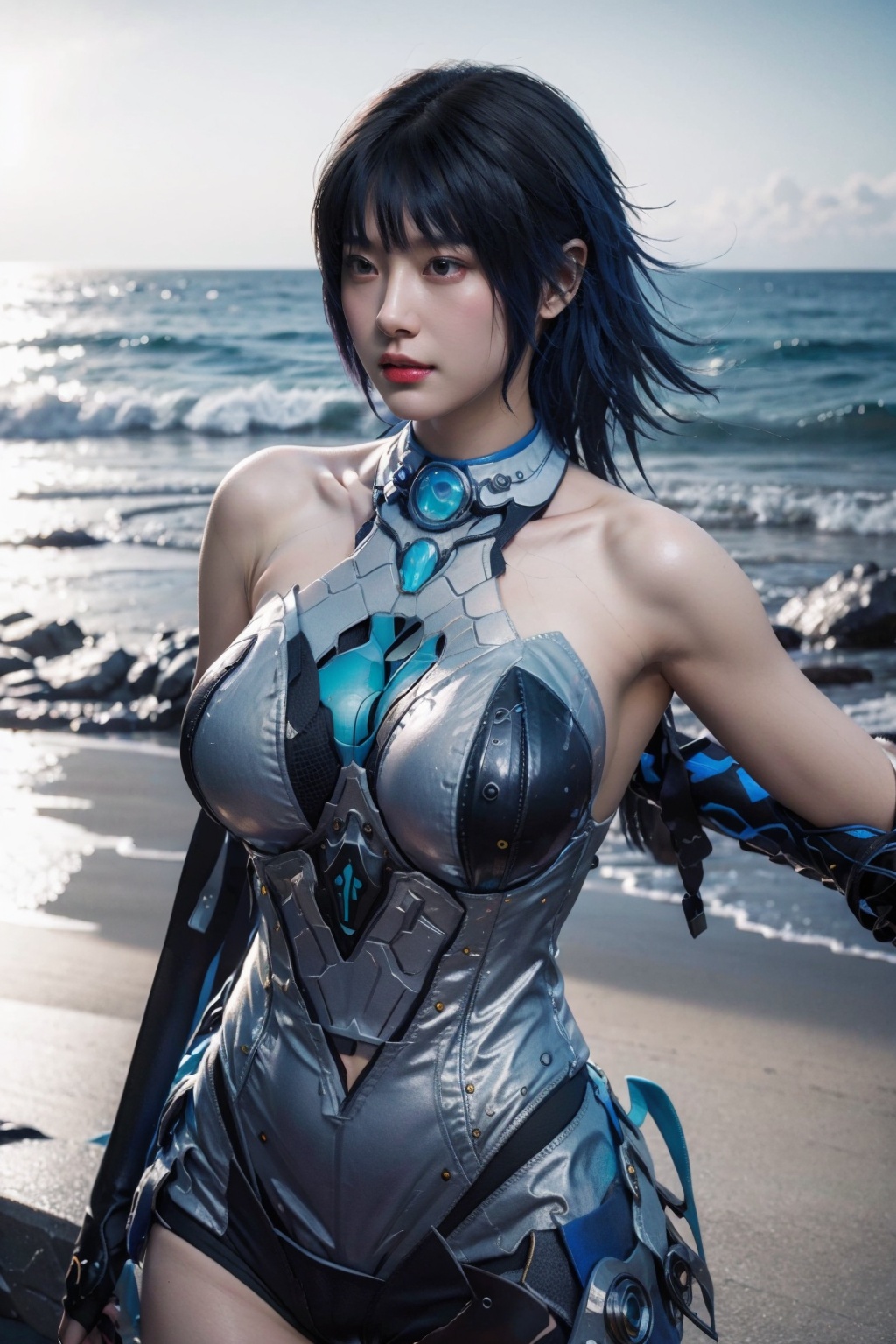 (masterpiece, best quality:1.3),ultra highres,8k,(realistic, photorealistic:1.4),best quality,masterpiece,1girl,navel,bashful,solo,<lora:逆战凛:0.8>,ocean,